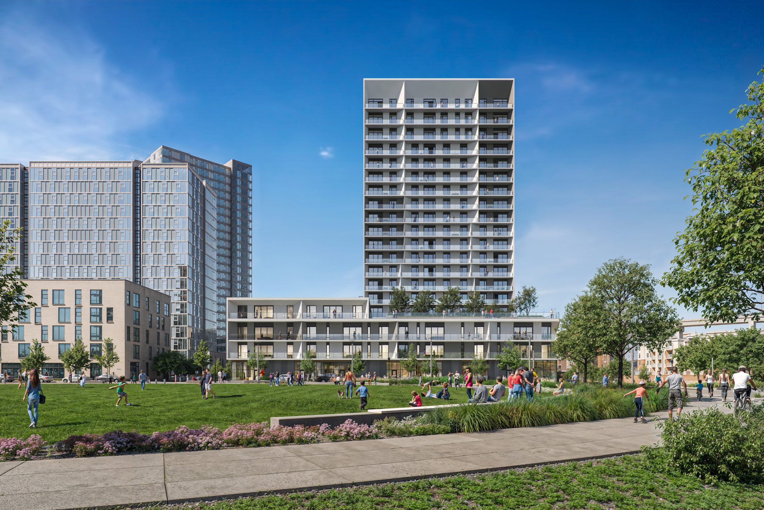 Block 20 Vista Pearl Portland high-rise architectural exterior rendering by Bogza.com. A wide daytime view of the 21-story luxury condominium tower and its 5-story podium standing prominently in the Pearl District, viewed from across the vibrant, active lawn of The Fields Park.