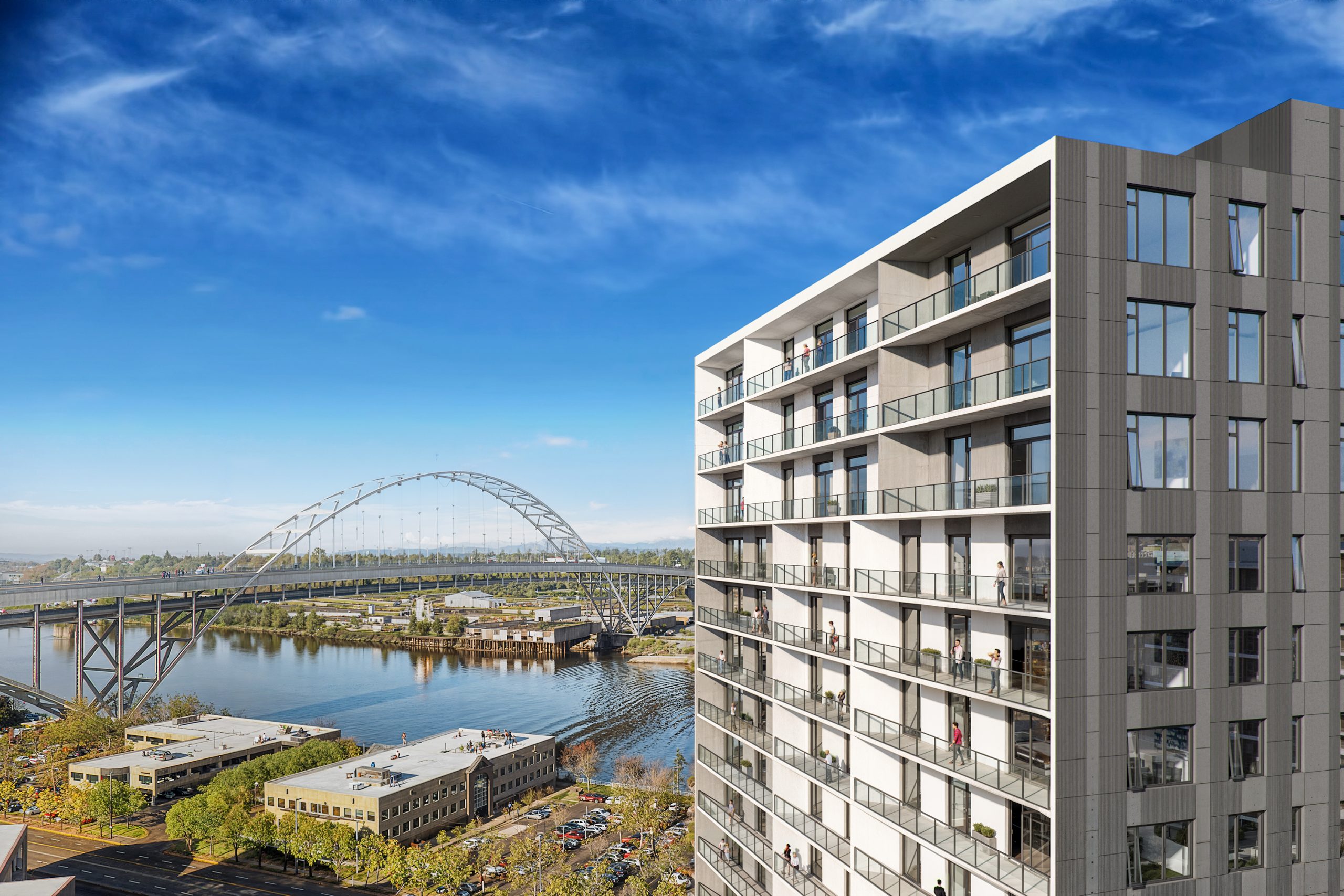 Block 20 Vista Pearl Portland mid-level aerial architectural rendering by Bogza.com. A bright daytime view emphasizing the modern tower's dark grey facade and inset glass balconies, set against a stunning backdrop of the Willamette River and the Fremont Bridge.