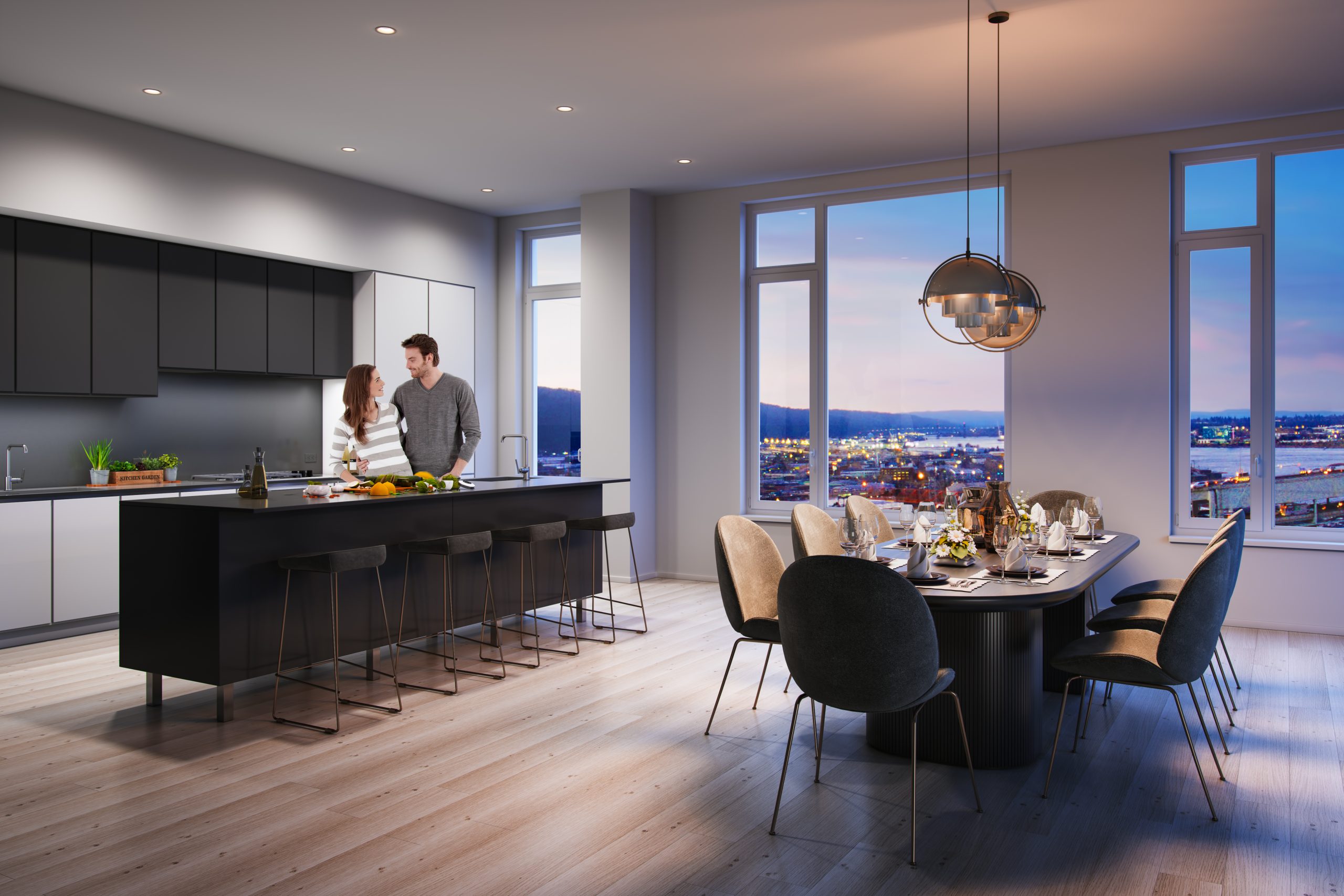 Block 20 Vista Pearl Portland luxury apartment interior rendering by Bogza.com. A modern, open-concept condominium living space at twilight, showcasing a sleek black kitchen island, an elegant dining area, and floor-to-ceiling windows framing panoramic views of the Willamette River and city bridges.