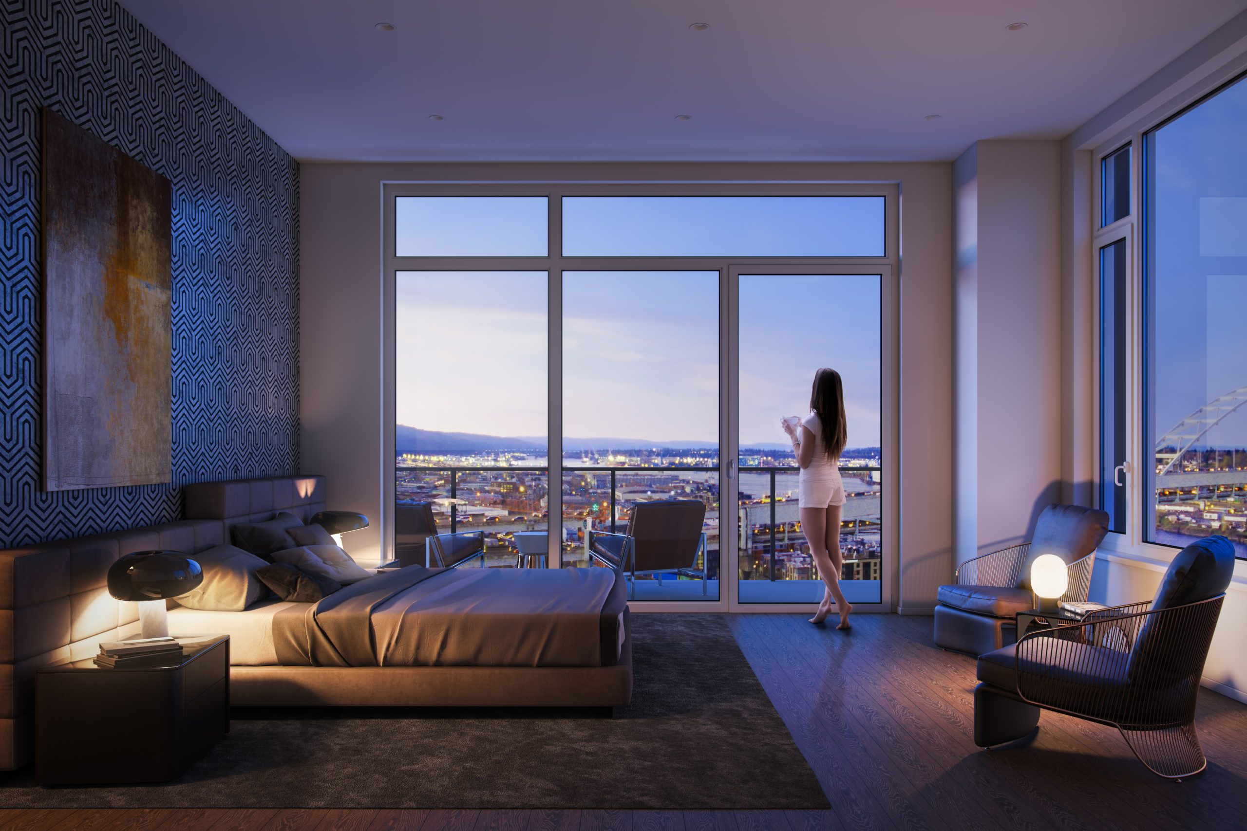 Block 20 Vista Pearl Portland luxury condominium bedroom interior rendering by Bogza.com. A modern twilight view of a primary bedroom featuring patterned wallpaper, a large bed, lounge chairs, and floor-to-ceiling windows framing panoramic views of the Willamette River and the Portland skyline.