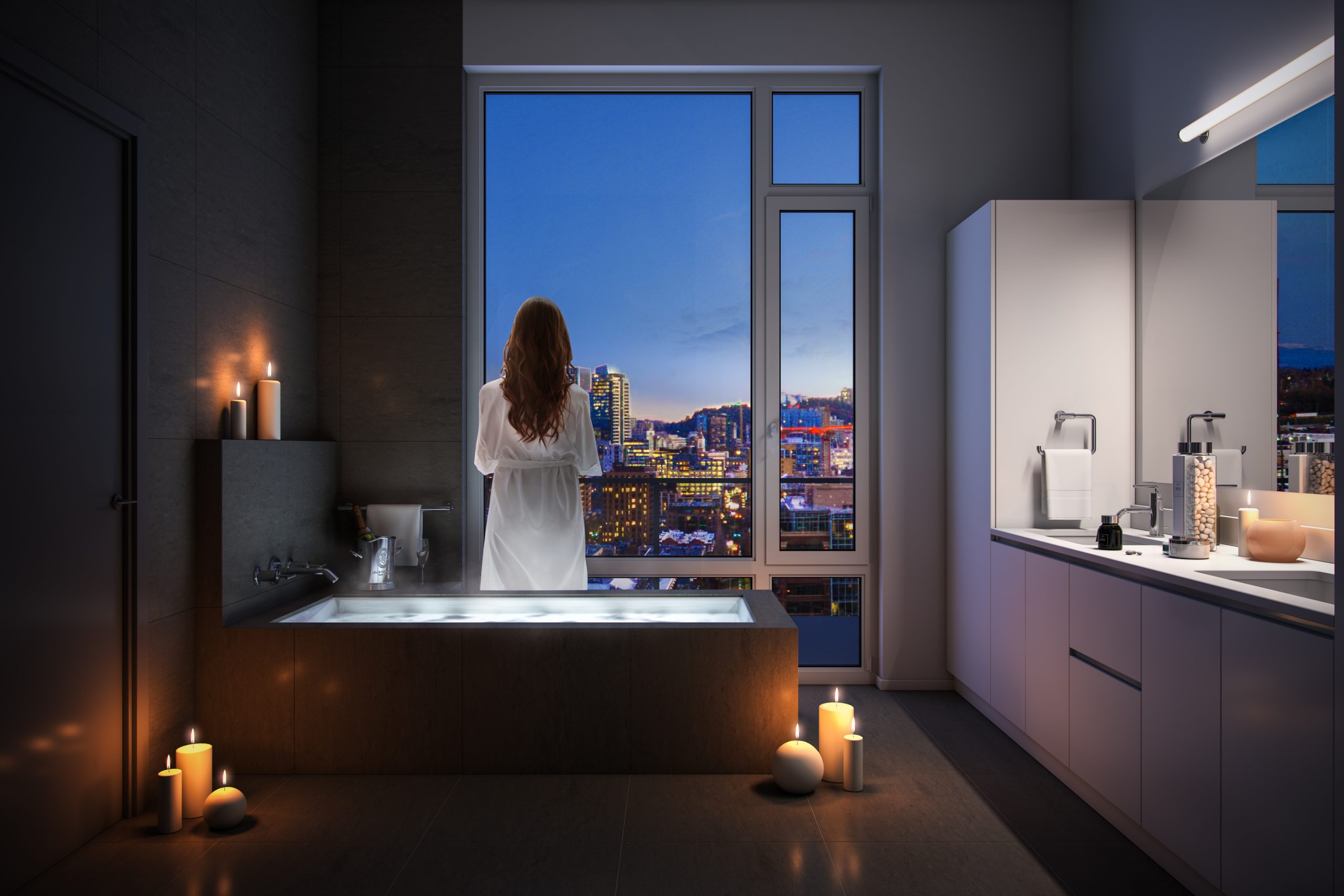 Block 20 Vista Pearl Portland luxury bathroom interior architectural rendering by Bogza.com. An elegant twilight view of a primary bathroom featuring a modern soaking tub surrounded by glowing candles, a sleek double vanity, and a large window overlooking the illuminated city skyline.