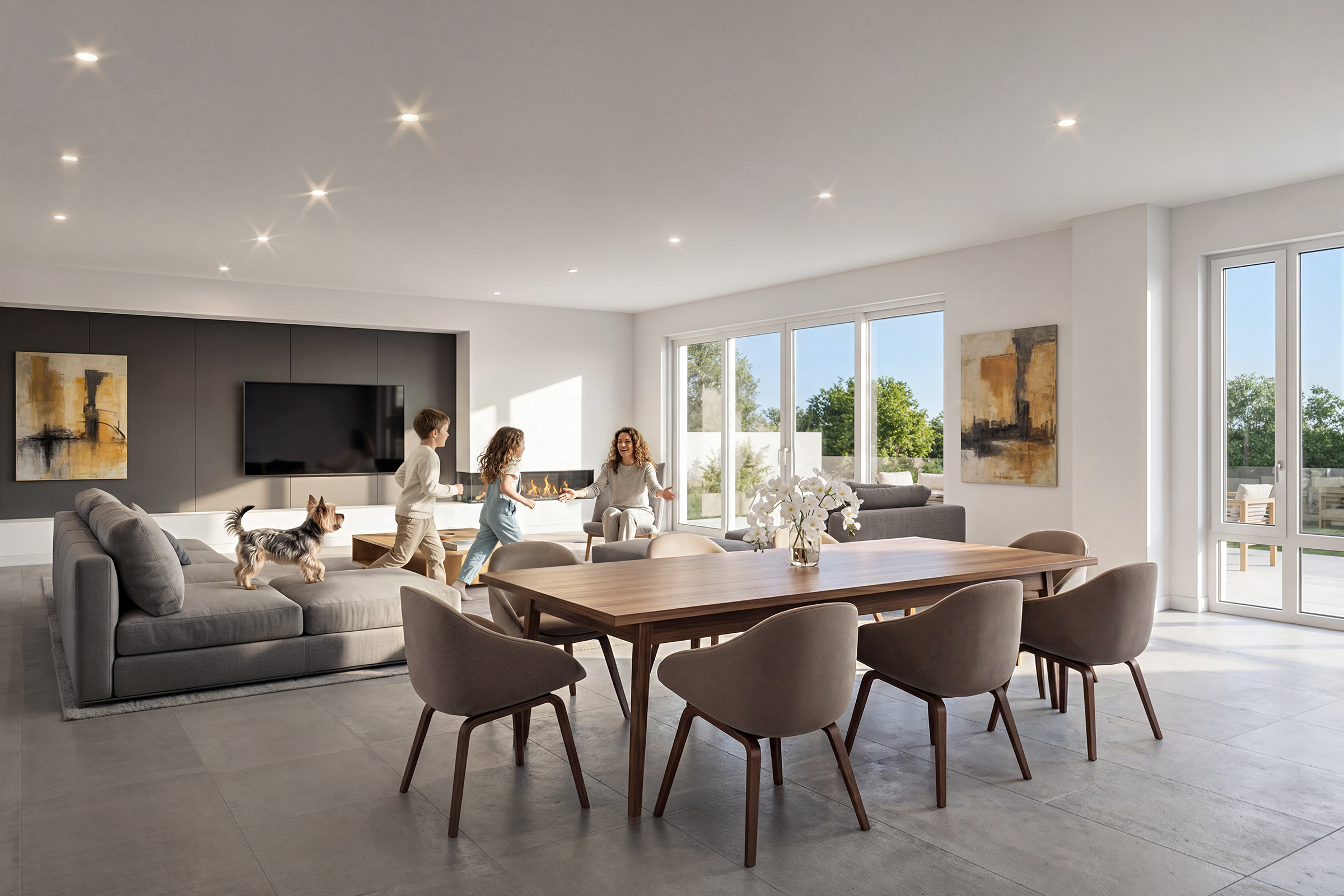 Block 20 Vista Pearl Portland luxury condominium living space interior rendering by Bogza.com. A bright, open-concept daytime view featuring a large wooden dining table, a modern living room with a fireplace, and a family with kids and a dog playing by expansive windows leading to a landscaped outdoor terrace.