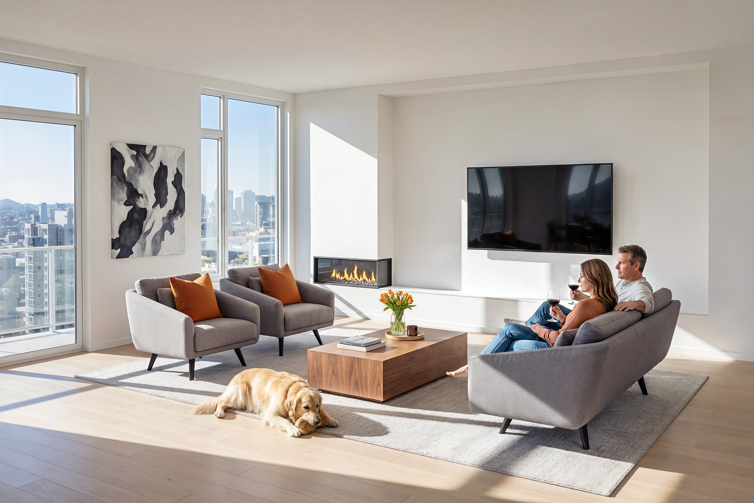 Block 20 Vista Pearl Portland apartment living room interior rendering by Bogza.com. A sunlit, modern living area featuring a cozy grey sofa, two orange accent chairs, a contemporary fireplace, a couple enjoying wine, a resting dog, and large windows prioritizing access to sweeping city views.