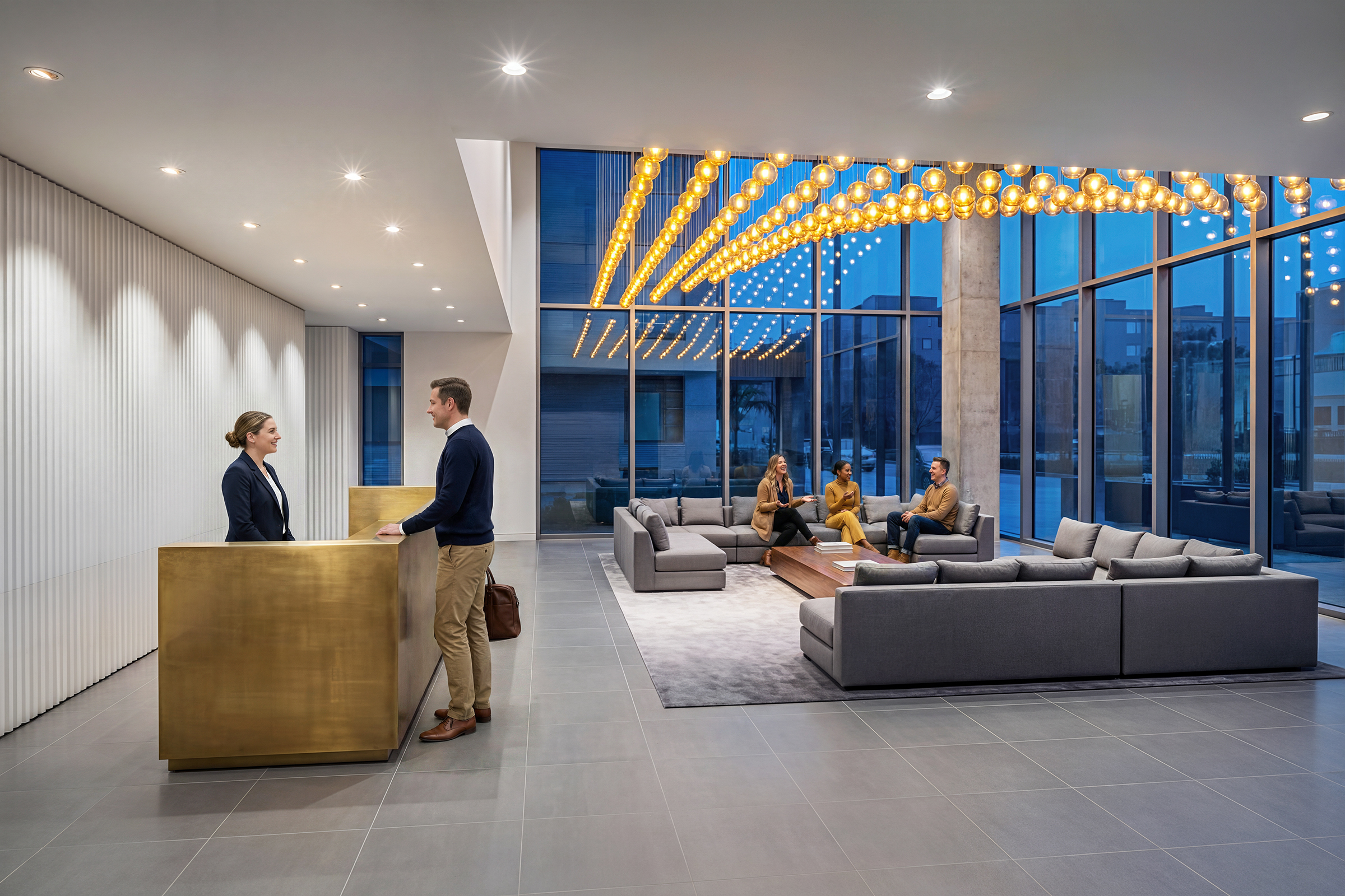 Block 20 Vista Pearl Portland residential lobby interior architectural rendering by Bogza.com. An inviting evening view of the 21-story luxury condominium's main reception, featuring a solid brass-clad concierge desk, a spacious lounge area, a custom suspended glass ball ceiling installation, and expansive street-facing windows.