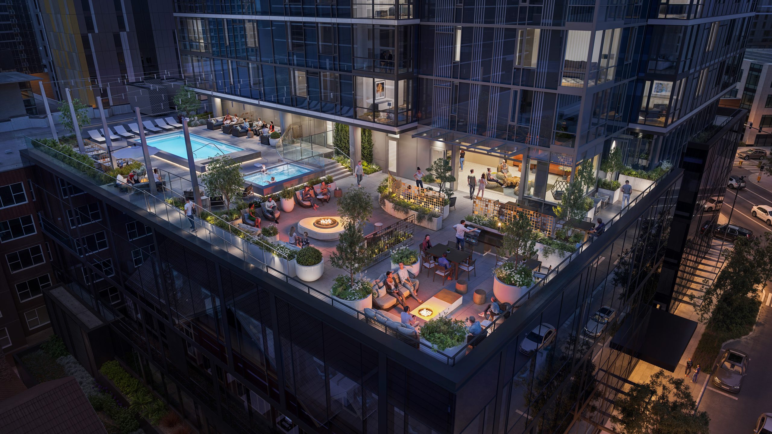 Boren Tower Seattle luxury apartment amenity deck aerial rendering by Bogza.com. An elevated twilight view of the 44-story high-rise's 5th-floor podium terrace in the Denny Triangle, featuring a glowing swimming pool, hot tub, fire pits, outdoor kitchen, and residents relaxing.