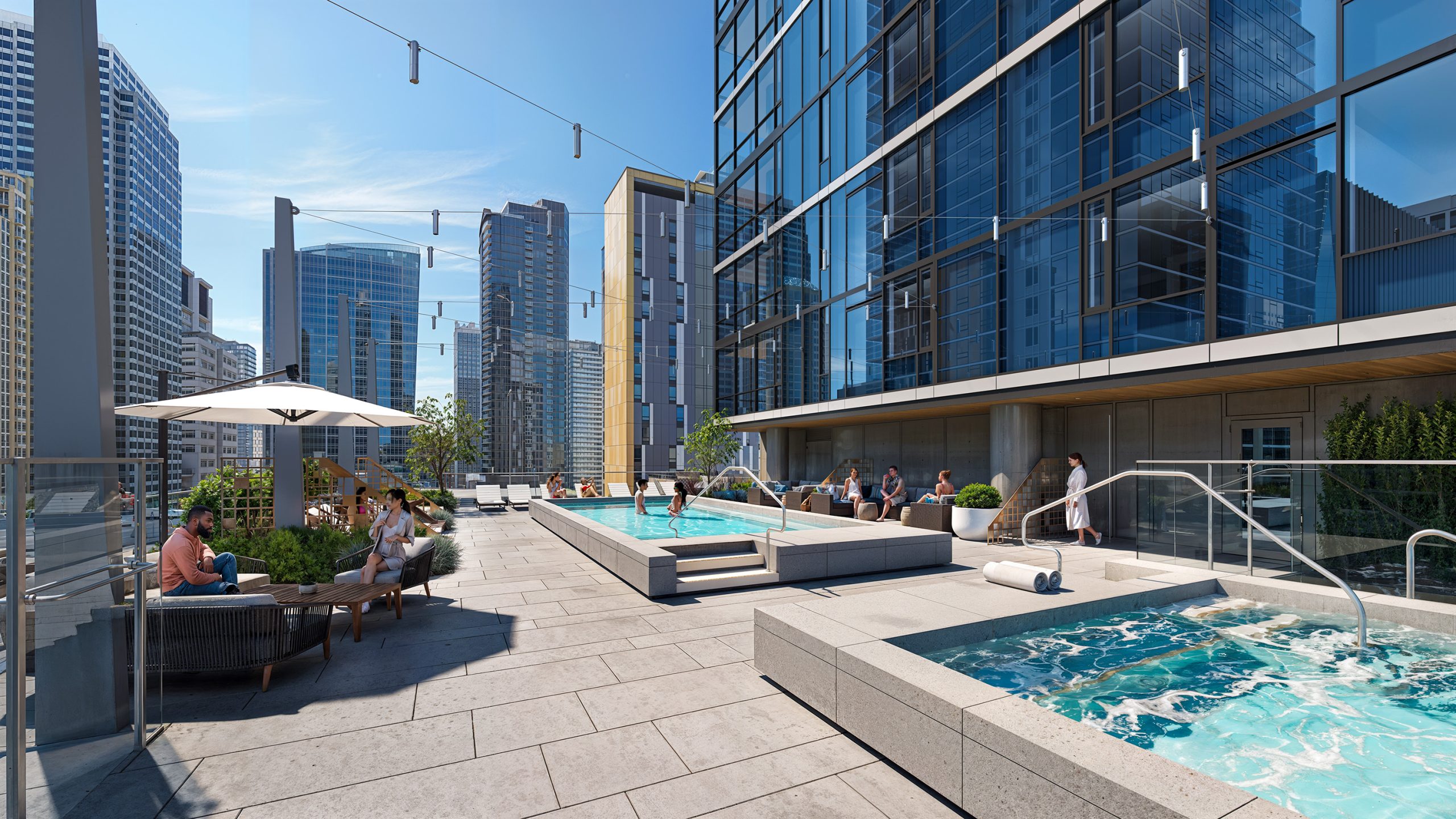 Boren Tower Seattle outdoor pool deck architectural rendering by Bogza.com. A bright daytime view of the luxury apartment's 5th-floor landscaped podium amenity space, showcasing a modern swimming pool, hot tub, lounge seating, and surrounding downtown glass skyscrapers.