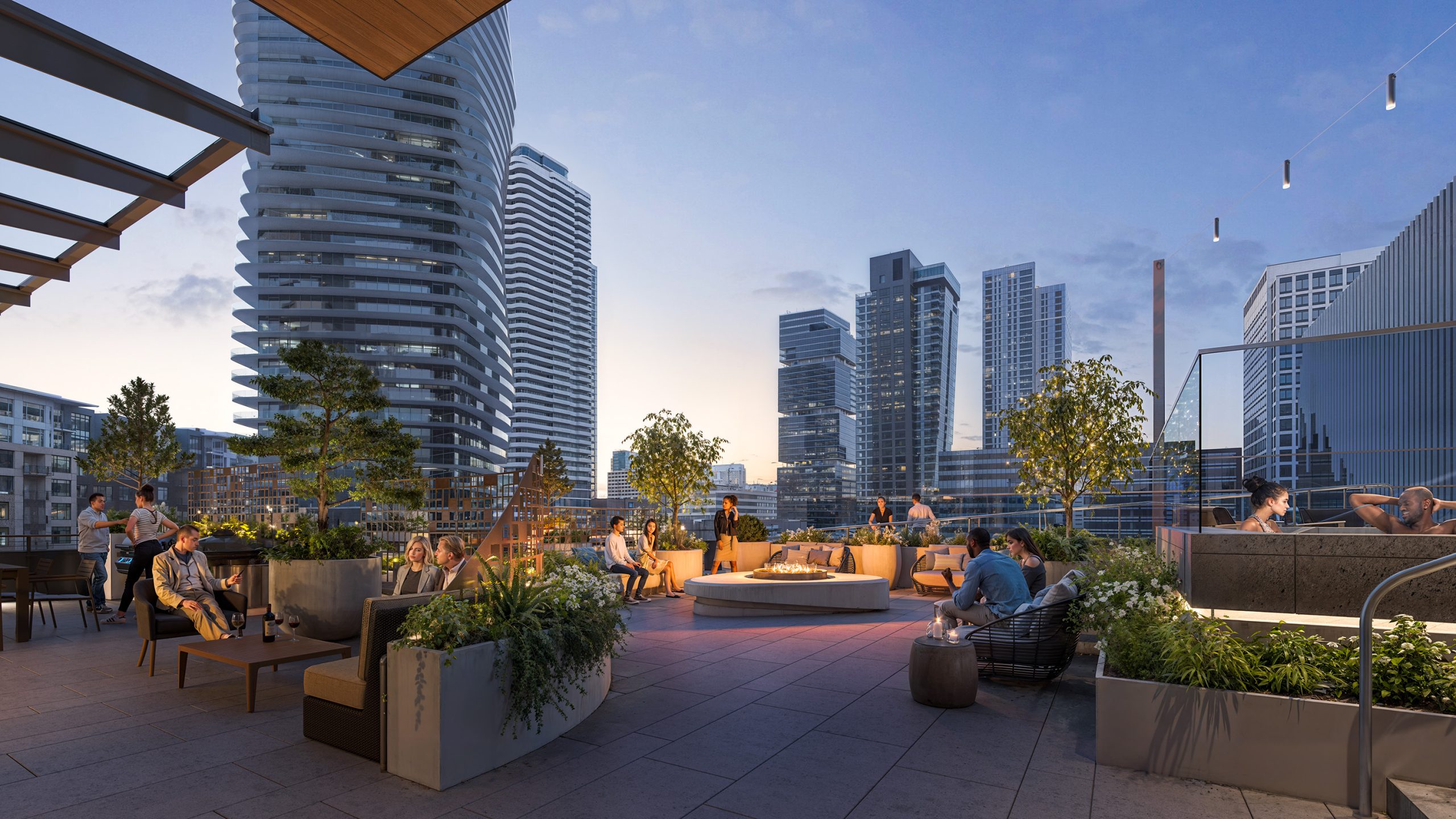 Boren Tower Seattle rooftop terrace amenity rendering by Bogza.com. A dusk view of the 44-story residential high-rise's outdoor plaza in the Denny Triangle, featuring a central stone fire pit, lush planters, string lights, and comfortable seating areas set against the city skyline.