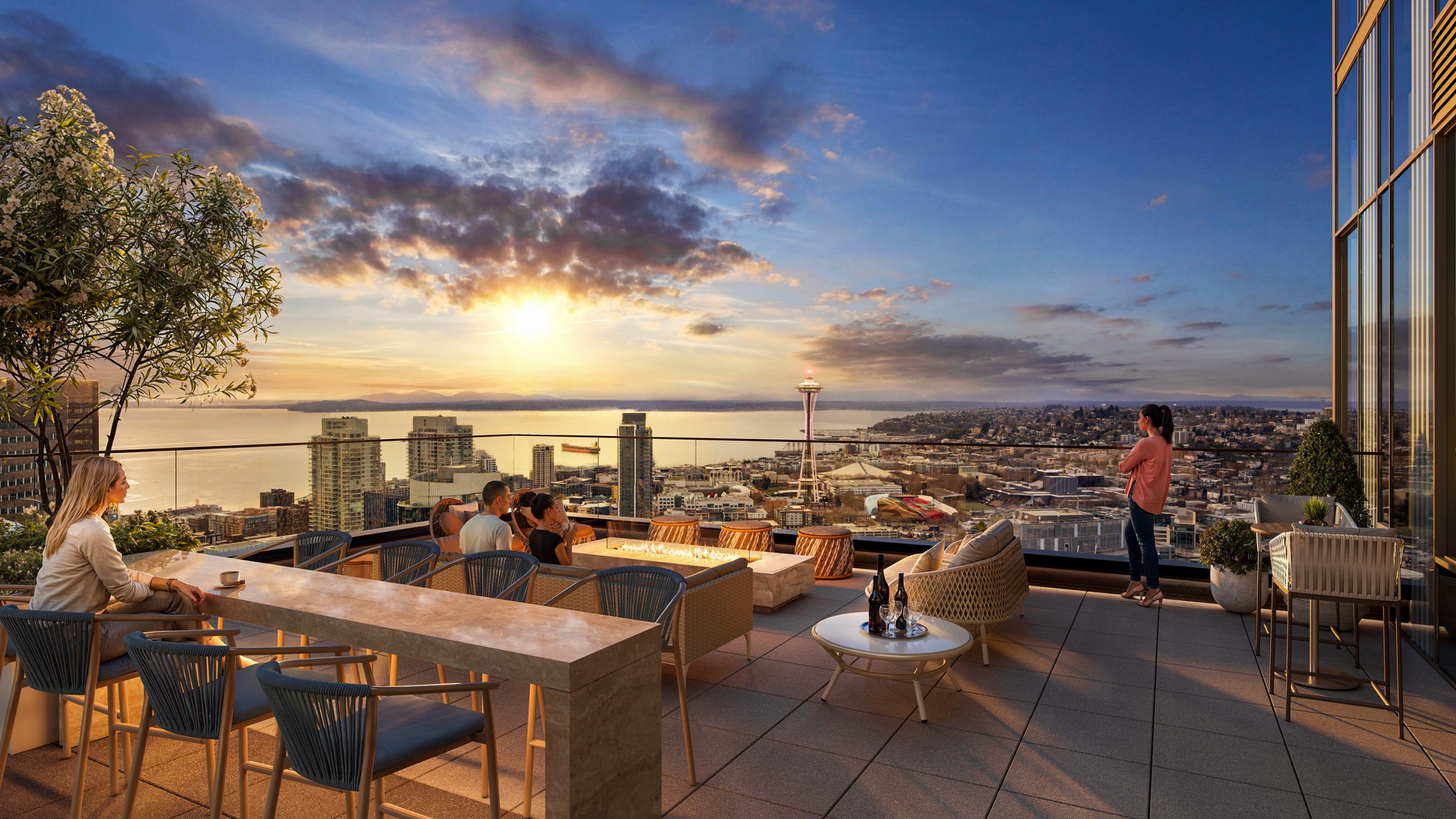 Boren Tower Seattle rooftop balcony exterior rendering by Bogza.com. A stunning sunset view from the 44-story luxury tower's 5th-floor terrace in the Denny Triangle, featuring residents enjoying panoramic views of the Space Needle, Elliott Bay, and the distant Olympic Mountains.