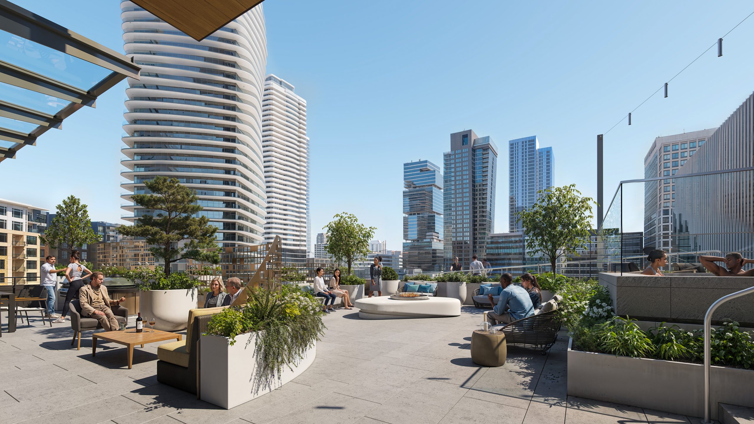 Boren Tower Seattle landscaped outdoor plaza architectural rendering by Bogza.com. A sunny daytime view of the luxury residential podium deck featuring modern circular fire pits, elegant lounge seating, string lights, and vibrant planters nestled among neighboring downtown high-rises.
