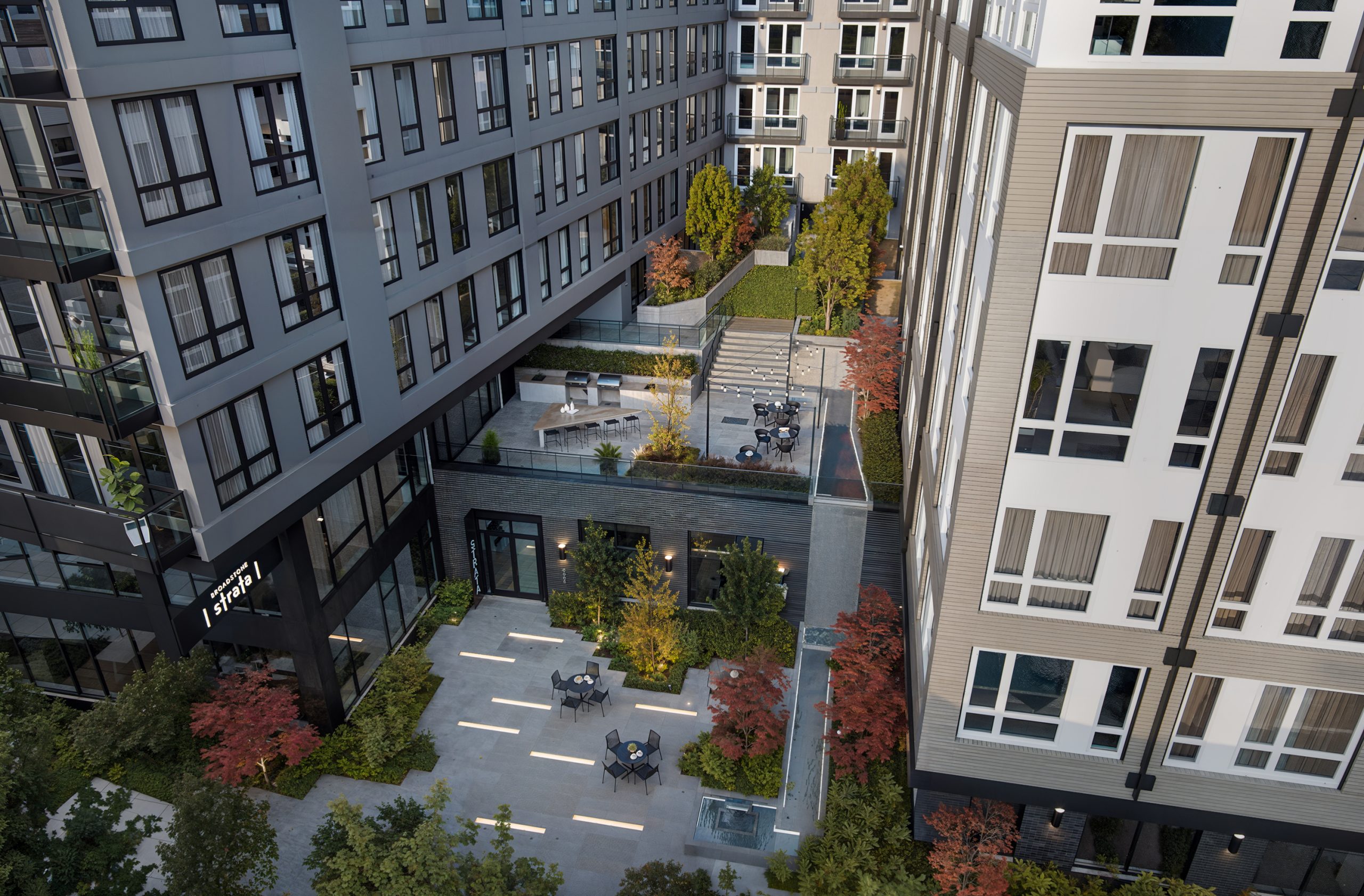 Broadstone Strata Seattle courtyard aerial architectural rendering by Bogza.com. A mid-level elevated view looking down into the apartment community's terraced south-facing courtyards, showcasing an outdoor kitchen, modern lounge seating, a water feature, illuminated pathways, and lush landscaping.