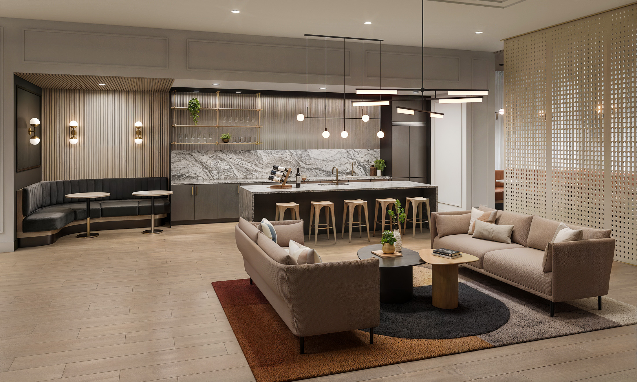 Broadstone Strata Seattle resident clubroom interior rendering by Bogza.com. A modern, elegant communal lounge space featuring a gourmet chef's kitchen with a high-contrast marble island, bar seating, a curved dining booth, comfortable sofas, and warm wood accents.