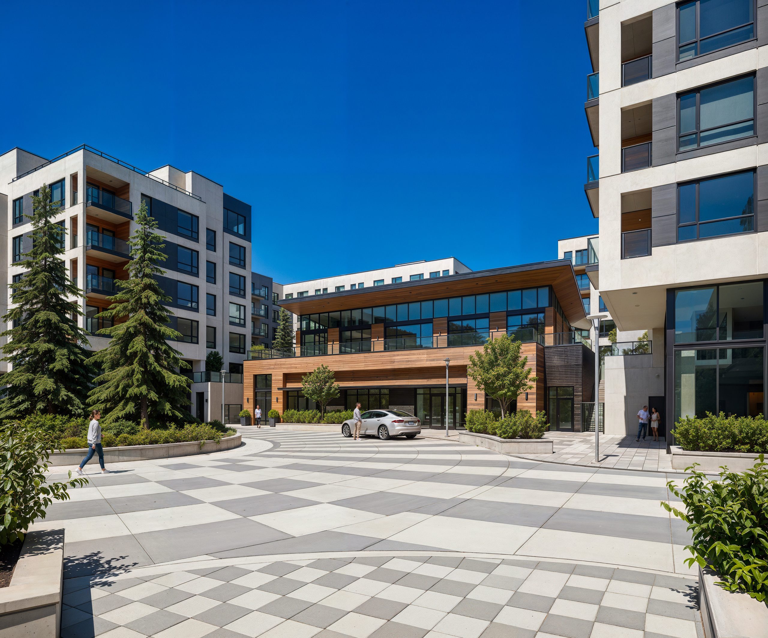 Hyde Square Bellevue apartment exterior architectural rendering by Bogza.com. A bright daytime street-level view of the modern luxury residential community, featuring a central paved roundabout, a striking wood-and-glass amenity pavilion, and surrounding mid-rise buildings with white and dark gray panels.