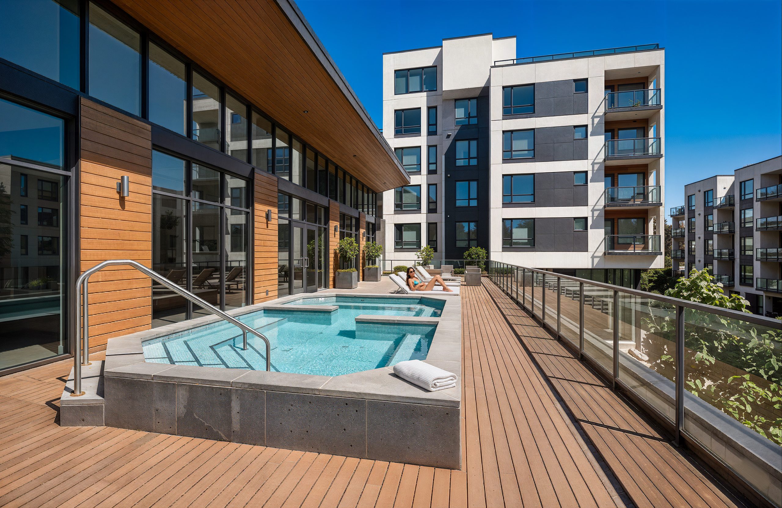 Hyde Square Bellevue apartment pool and amenity deck architectural rendering by Bogza.com. A bright daytime view of an elevated outdoor terrace featuring a modern geometric hot tub, lounge chairs, a wood-paneled pavilion, and the surrounding contemporary residential building.