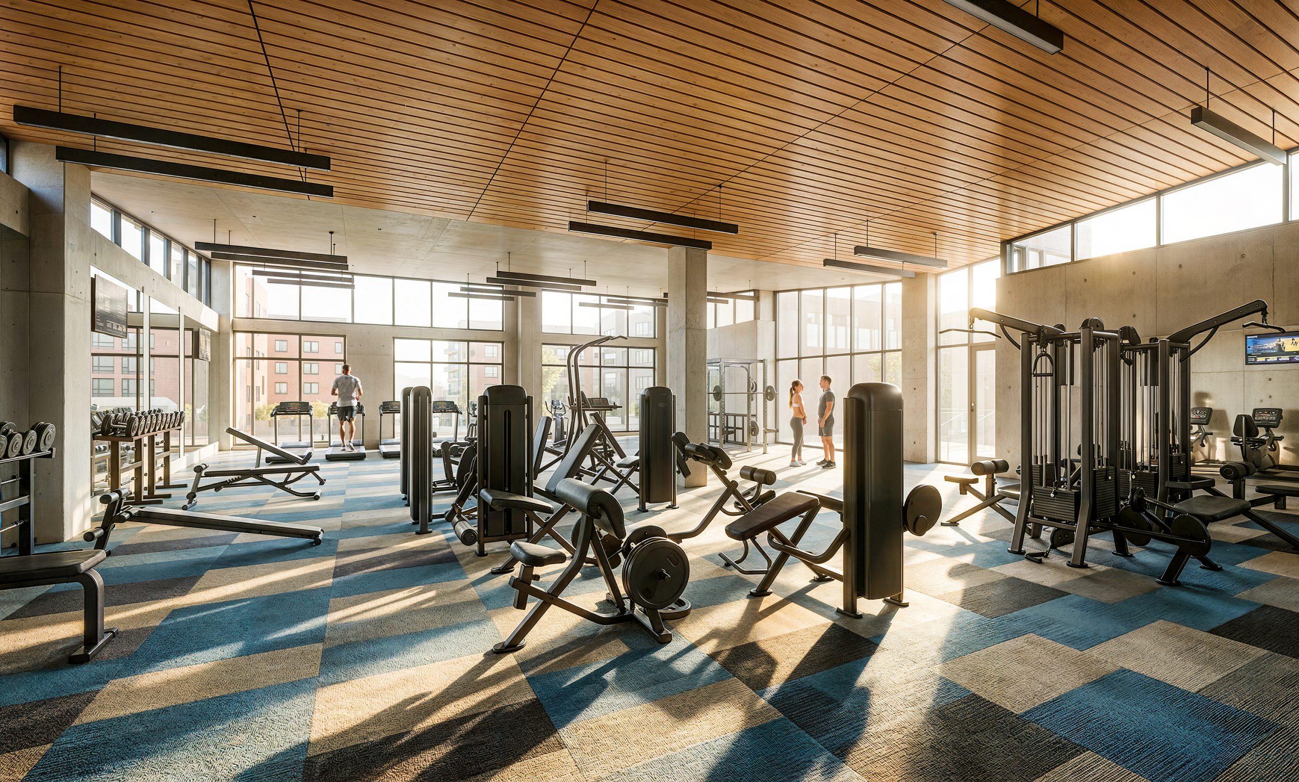 Hyde Square Bellevue apartment fitness center interior rendering by Bogza.com. A bright, spacious gym and wellness amenity featuring high concrete walls, a warm wood-slat ceiling, state-of-the-art cardio treadmills, weight machines, and a vibrant blue geometric patterned floor.