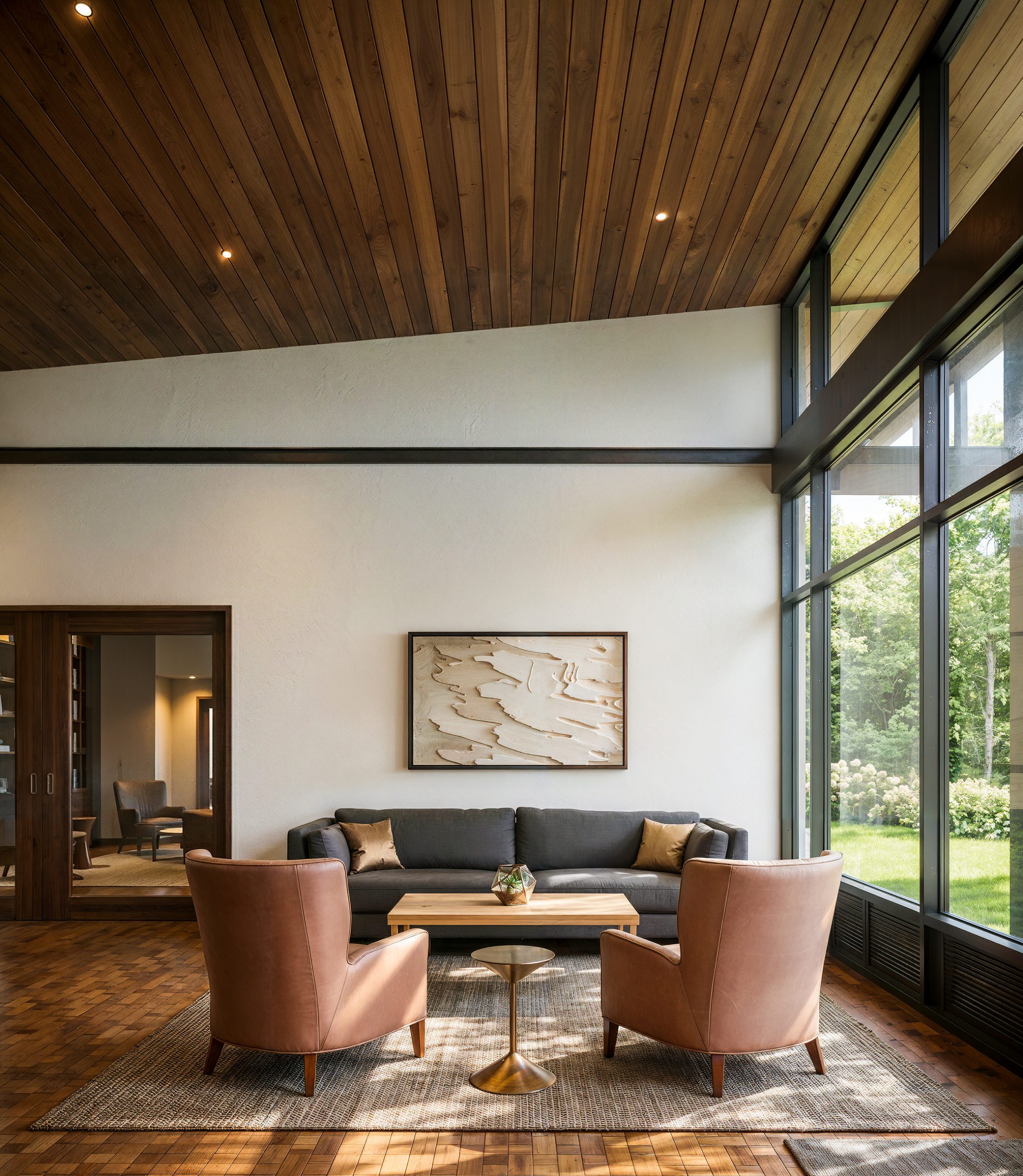 Hyde Square Bellevue clubhouse lounge interior architectural rendering by Bogza.com. A serene, minimalist seating area featuring a sloped wood-paneled ceiling, a comfortable grey sofa, two tan leather armchairs, and expansive floor-to-ceiling windows letting in natural light.