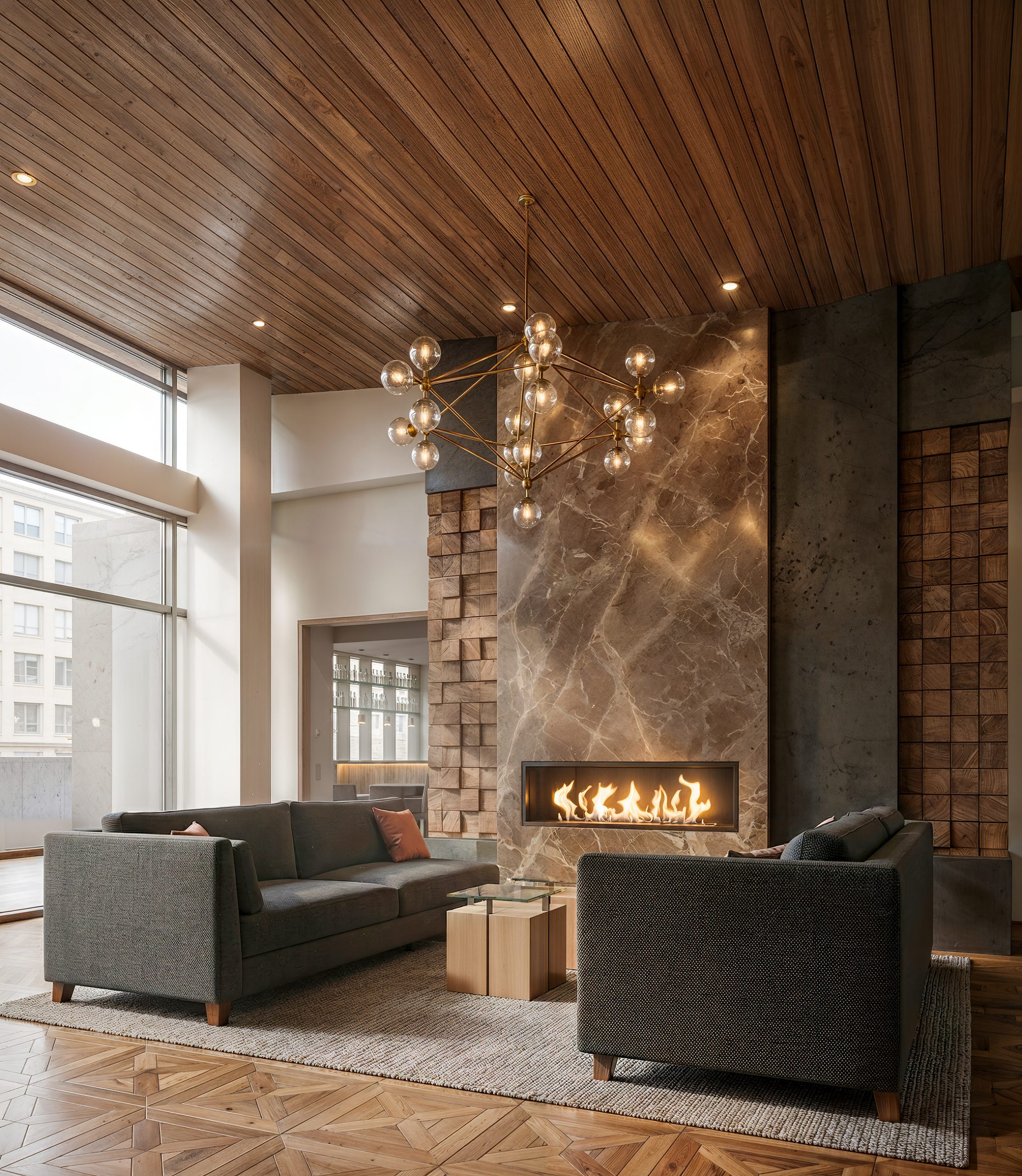 Hyde Square Bellevue luxury lobby and lounge interior rendering by Bogza.com. An elegant, high-end communal space showcasing a massive floor-to-ceiling marble fireplace, a modern brass globe chandelier, comfortable grey sofas, a beautiful wood-slat ceiling, and textured wall accents.