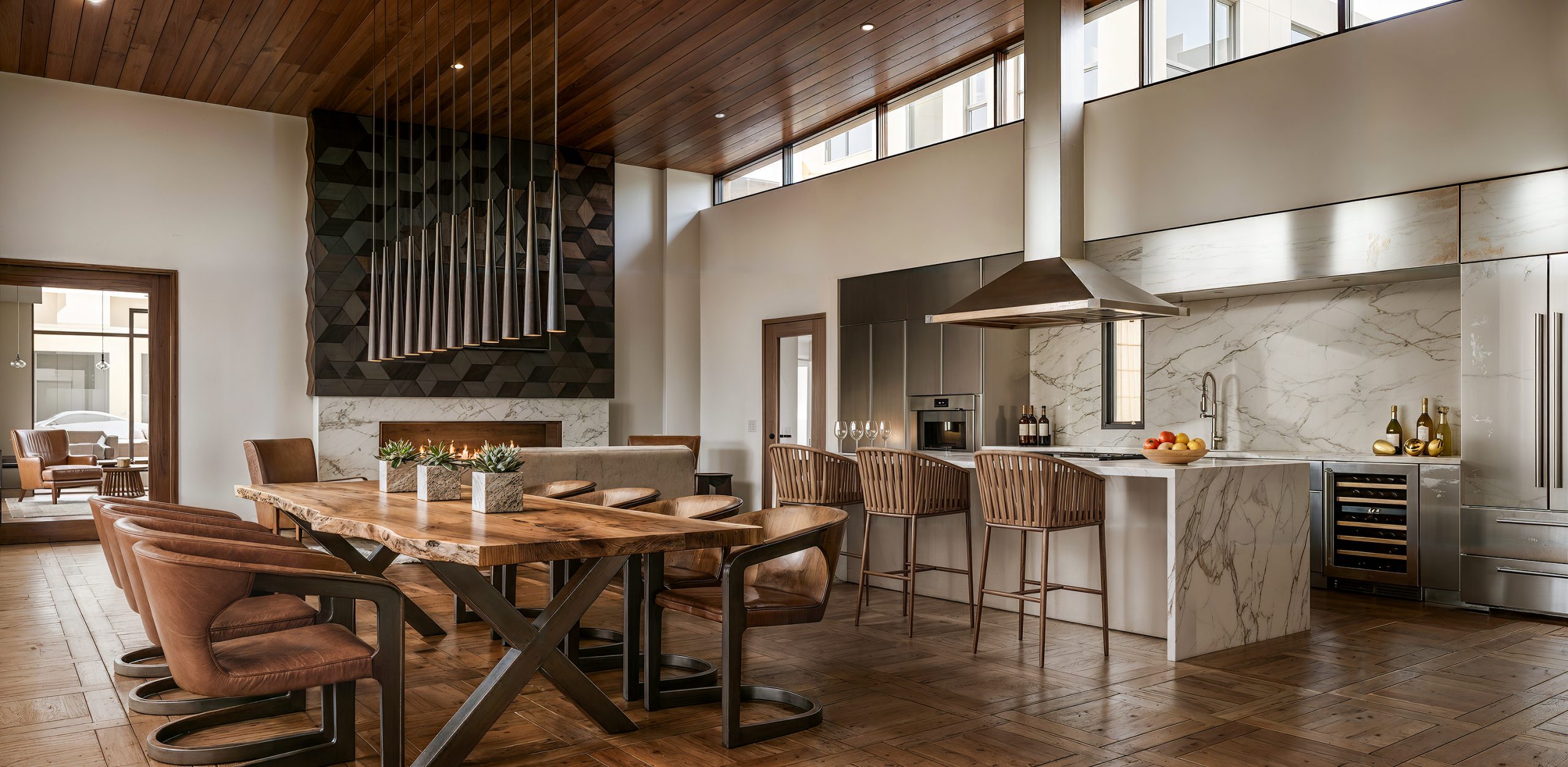 Hyde Square Bellevue apartment demo kitchen and lounge rendering by Bogza.com. A luxurious resident entertaining space featuring a stunning white marble kitchen island with wood and metal barstools, a live-edge wooden dining table, and a modern fireplace.