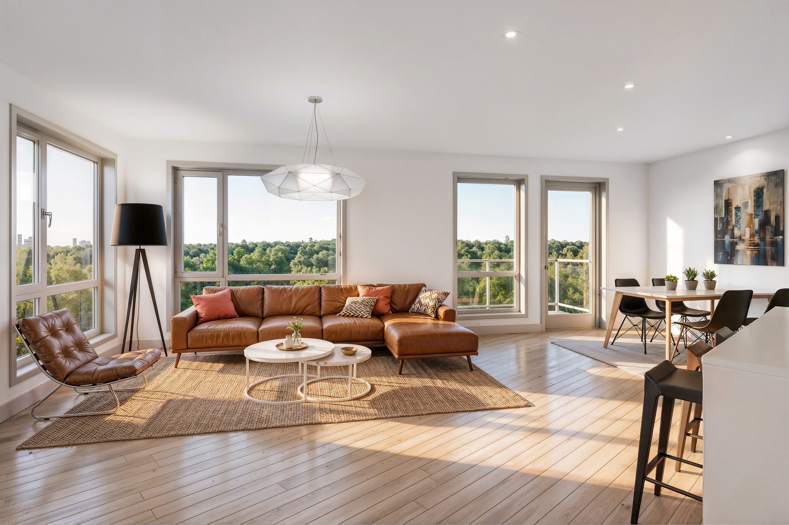 Hyde Square Bellevue luxury apartment living room interior rendering by Bogza.com. A bright, contemporary open-concept private residence featuring wood-style flooring, a tan leather sofa, modern light fixtures, a dining table, and expansive windows.