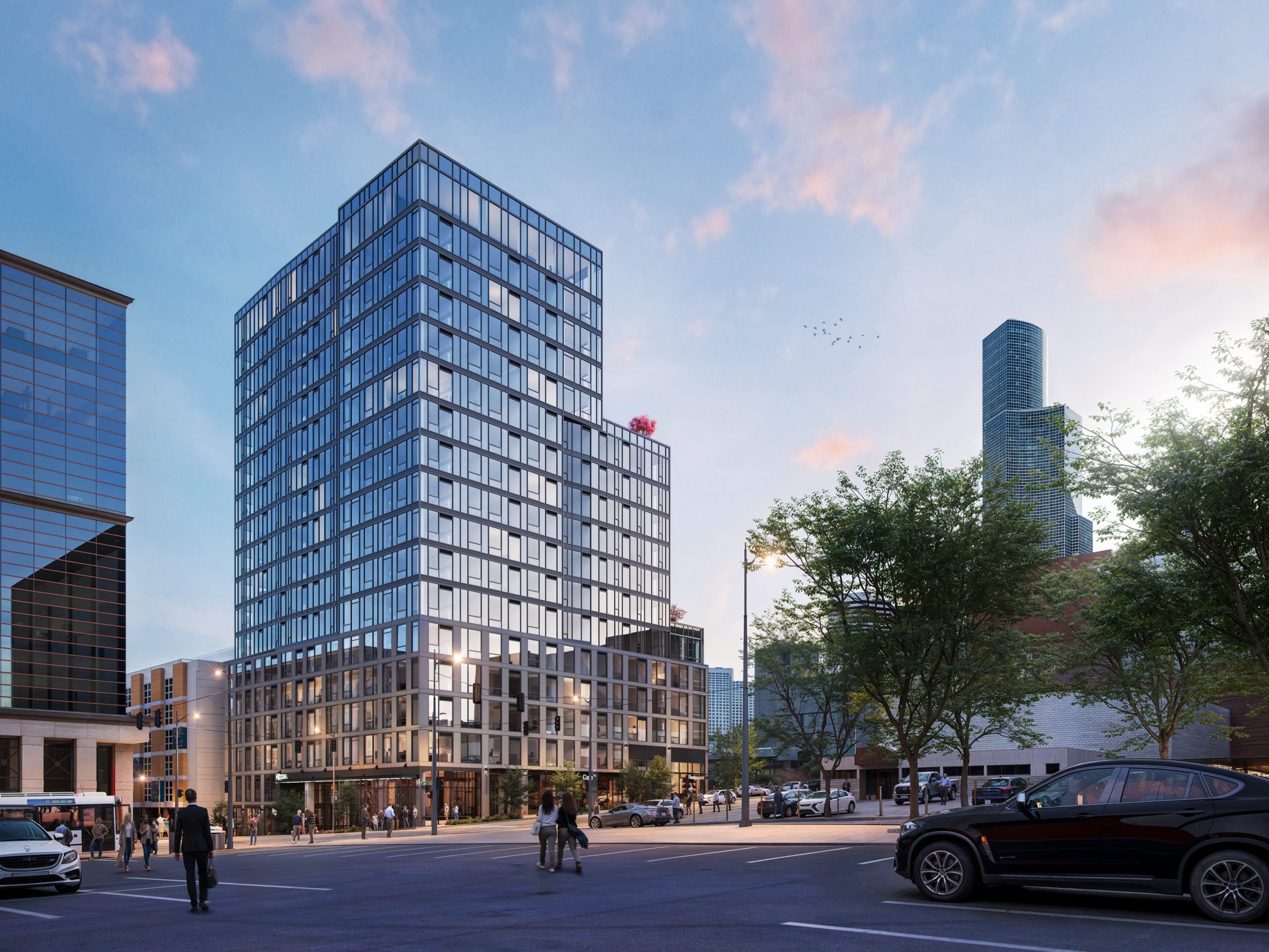 KODA Condominiums Seattle architectural exterior rendering by Bogza.com. A bright daytime view of the modern 17-story luxury glass high-rise standing prominently in the Chinatown-International District, featuring its distinctive tiered massing, expansive windows, and street-level activity.