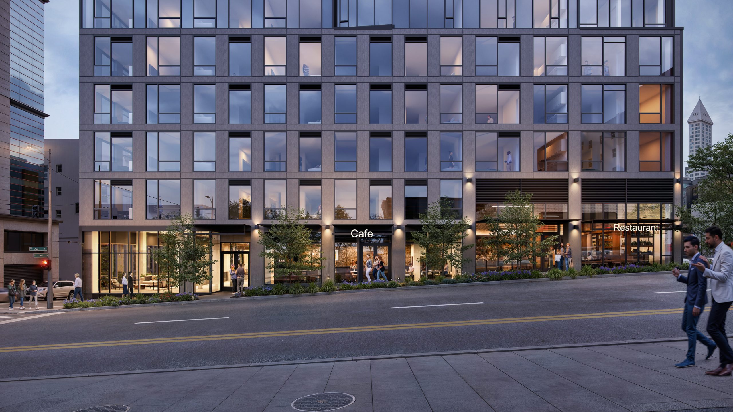 KODA Condominiums Seattle retail podium exterior rendering by Bogza.com. A dusk street-level view emphasizing the high-rise tower's commercial base, showcasing clear glass storefronts for a cafe and restaurant, glowing interior lights, and neighborhood pedestrian activity along South Main Street.