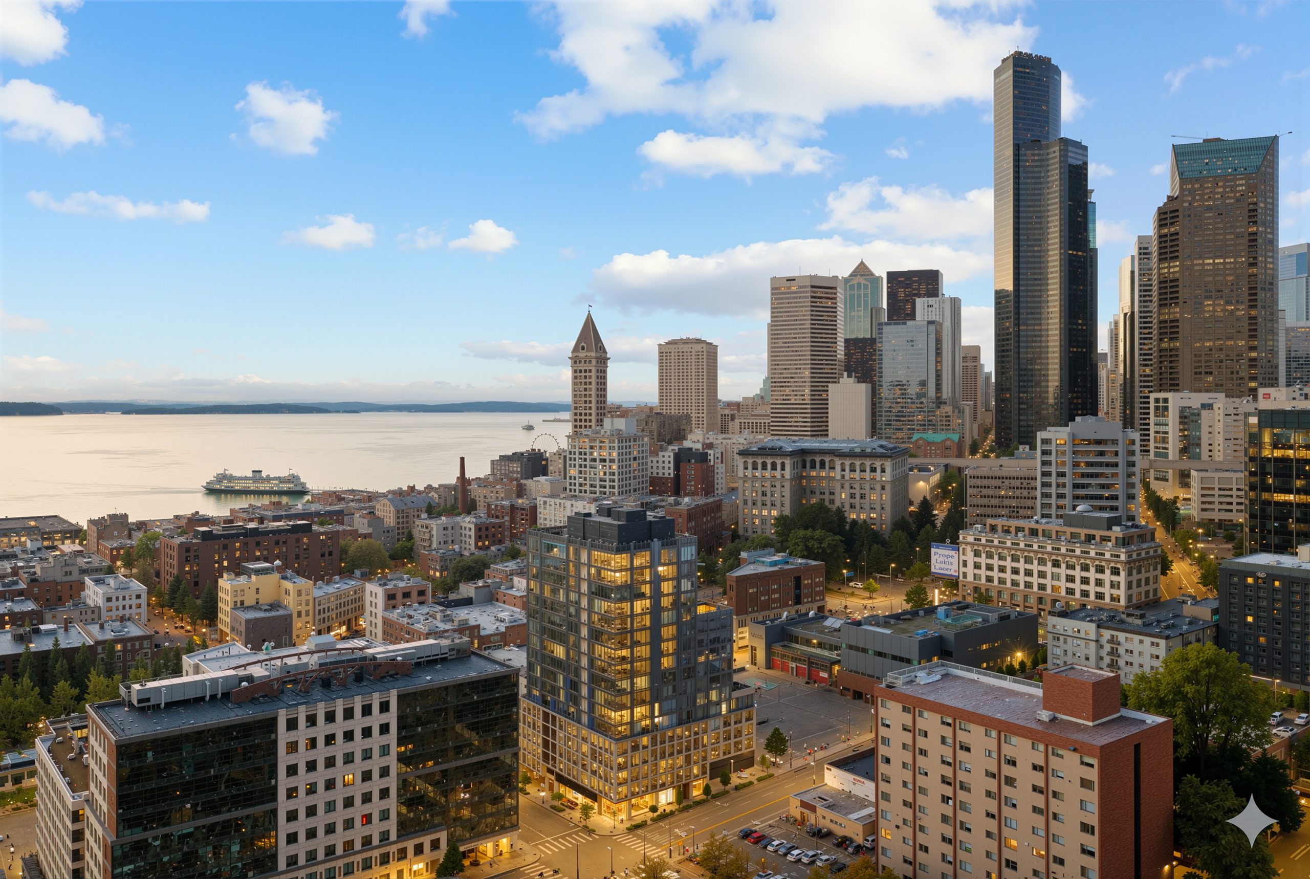 KODA Condominiums Seattle twilight aerial architectural rendering by Bogza.com. A stunning high-angle view over the Chinatown-International District, highlighting the 17-story luxury tower's illuminated glass facade, set against the backdrop of the downtown Seattle skyline and Elliott Bay.