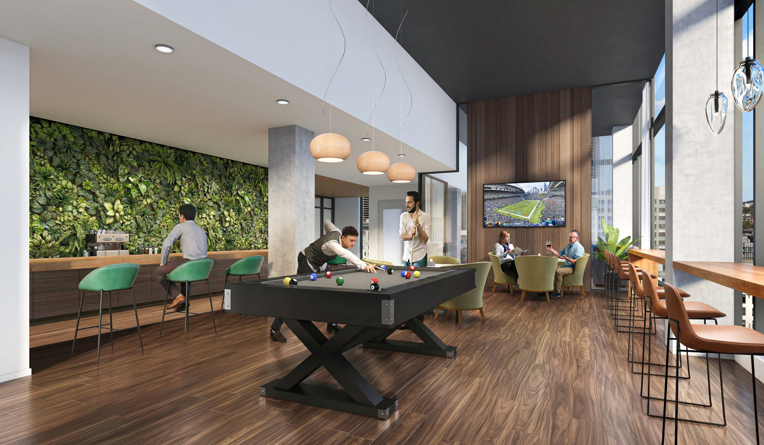 KODA Condominiums Seattle 17th floor Club KODA lounge interior rendering by Bogza.com. A vibrant social amenity space featuring a modern billiards pool table, a lush green living wall behind a sleek bar, comfortable lounge seating, a TV, and residents enjoying the high-rise views.