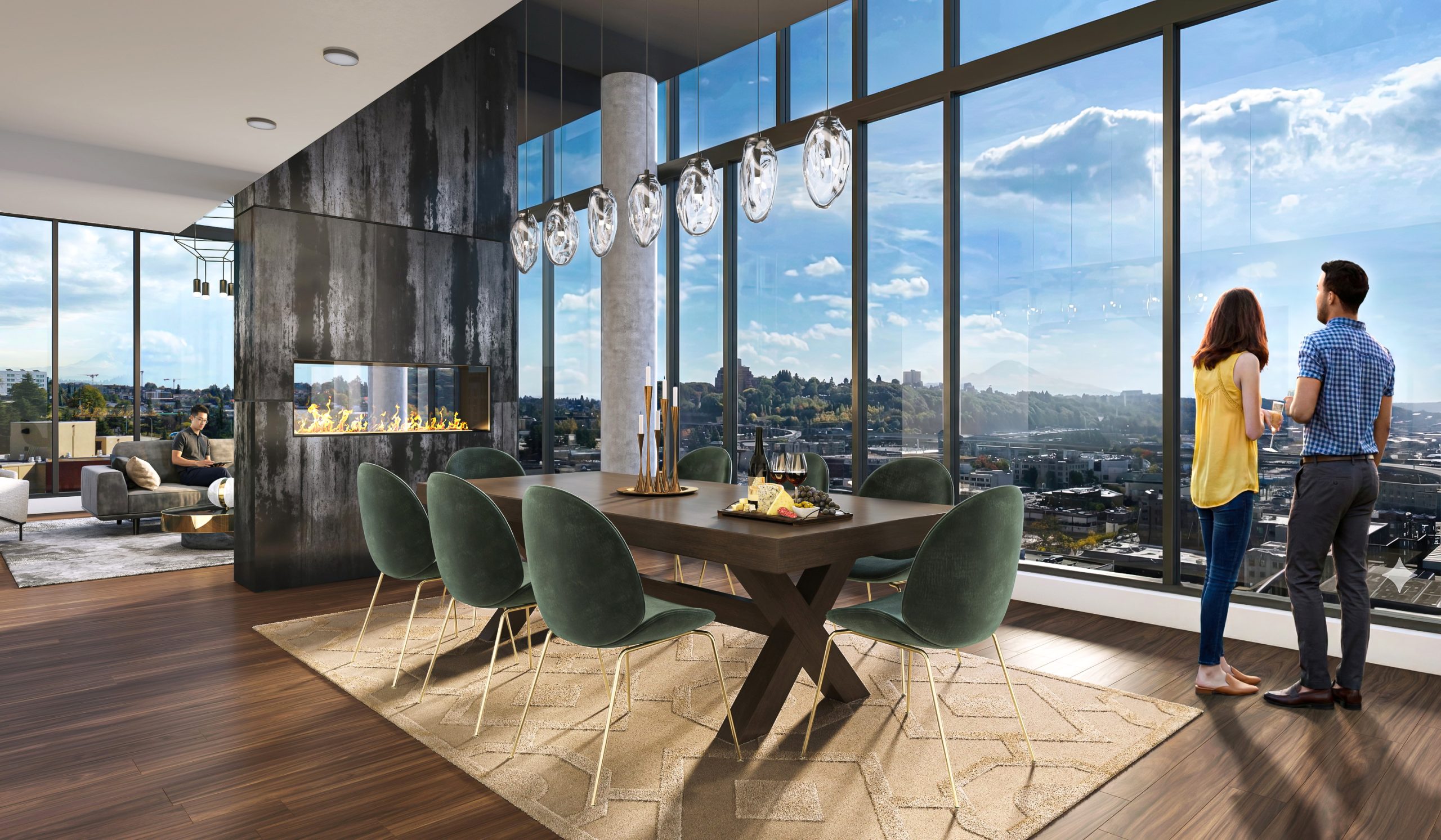 KODA Condos Seattle 17th floor private dining room interior rendering by Bogza.com. An elegant Club KODA entertainment space featuring a modern see-through fireplace, a long dining table with green velvet chairs, and floor-to-ceiling windows offering sweeping views of the Seattle skyline and Mount Rainier.
