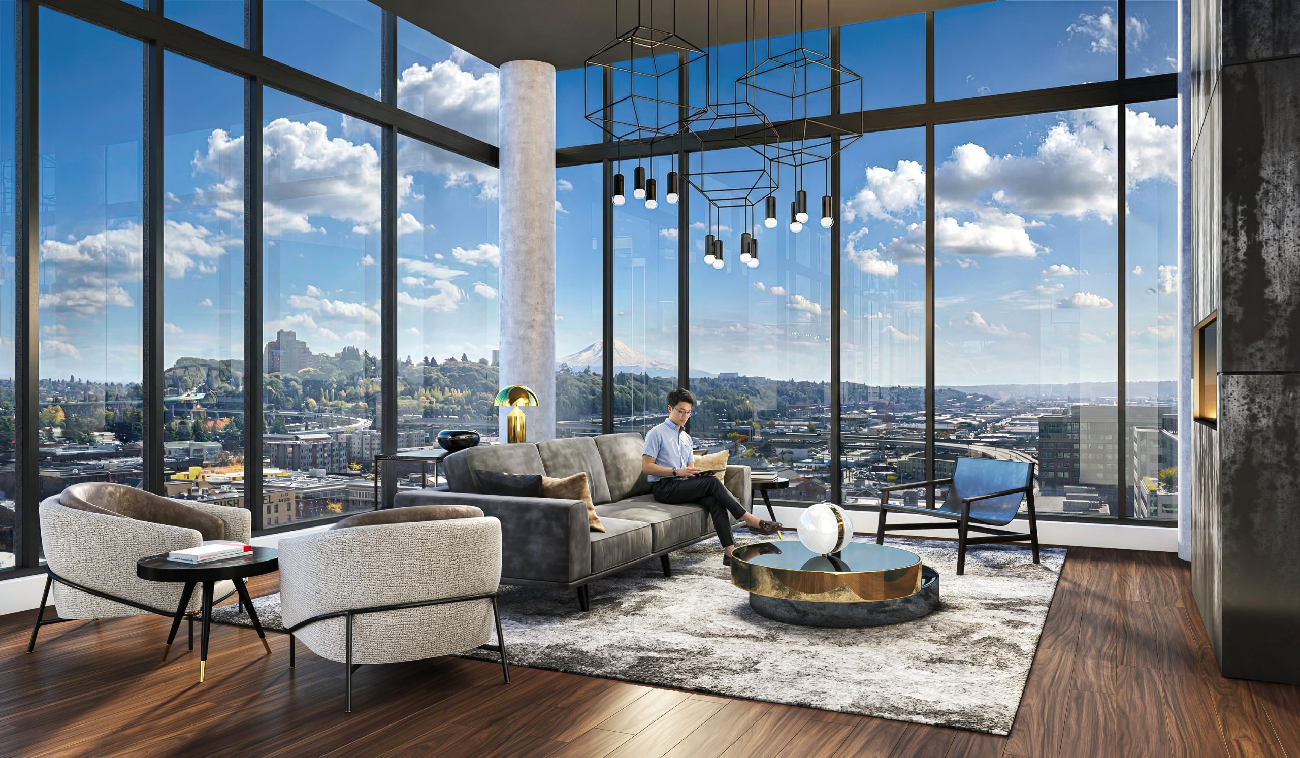 KODA Condominiums Seattle 17th floor Club KODA lounge interior rendering by Bogza.com. A bright, high-rise fireside viewing lounge, featuring floor-to-ceiling windows with panoramic views of Mount Rainier, modern seating, and a resident relaxing in the sophisticated amenity space.