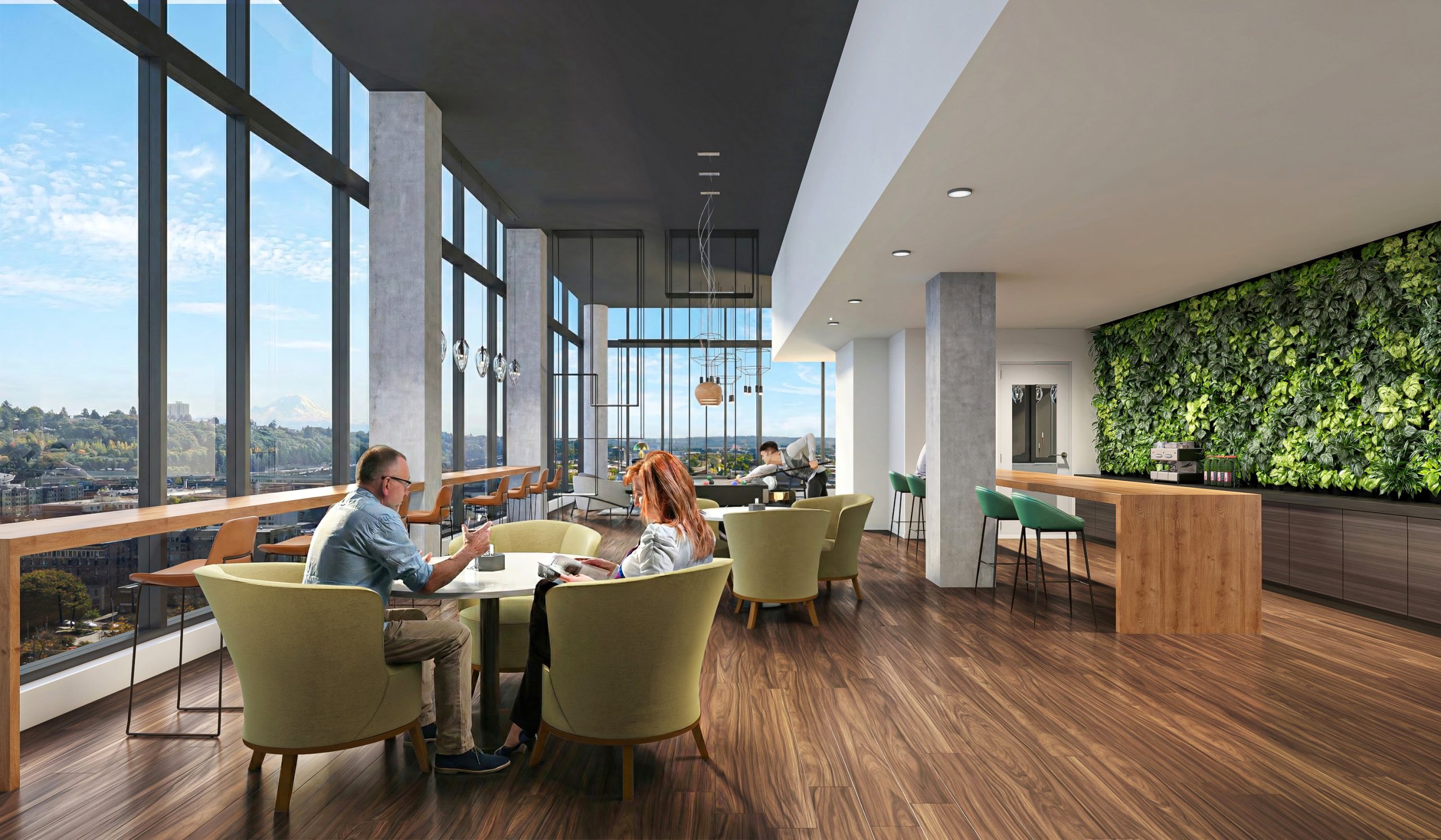 KODA Condominiums Seattle 17th floor Club KODA social zone interior architectural rendering by Bogza.com. An expansive community amenity space featuring a green living wall behind a sleek bar, a billiards table, modern lounge seating, and residents enjoying sweeping views of Mount Rainier and the Seattle skyline.