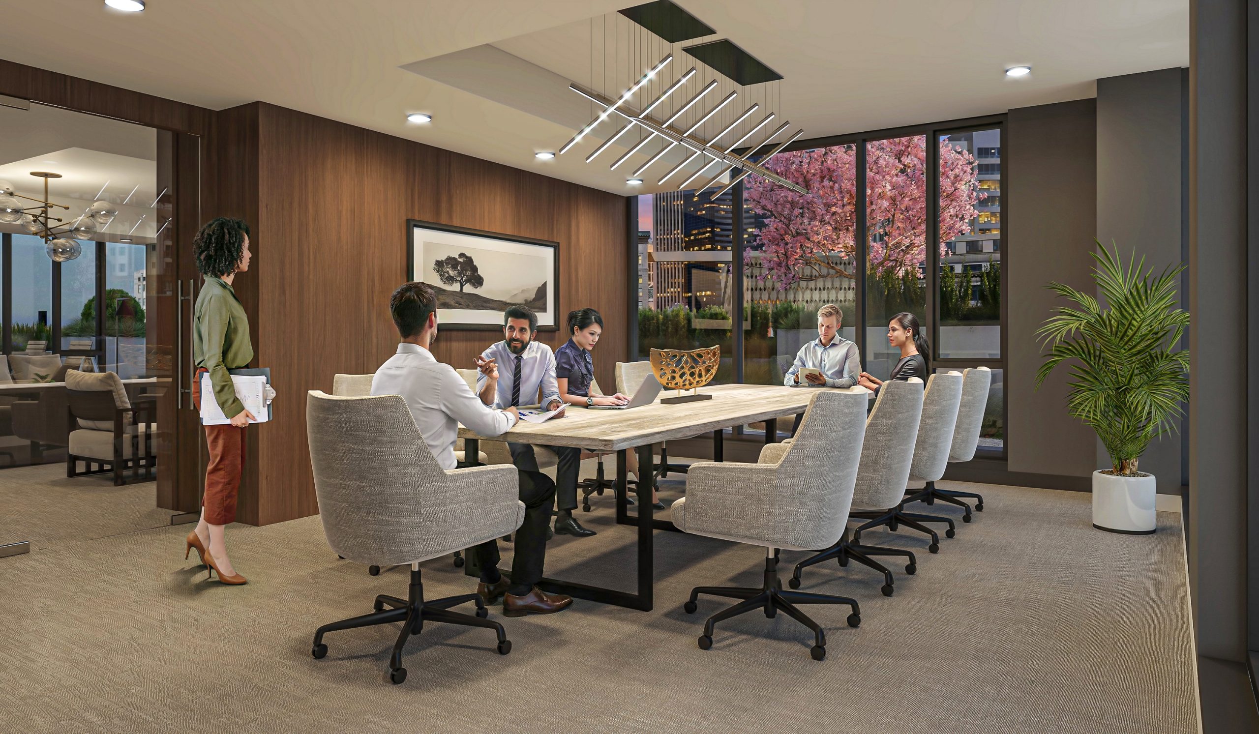 KODA Condos Seattle 7th floor conference room amenity interior rendering by Bogza.com. A professional co-working space and meeting room featuring warm wood paneling, a large rustic table with ergonomic chairs, working professionals, and large windows overlooking the outdoor Zen garden.