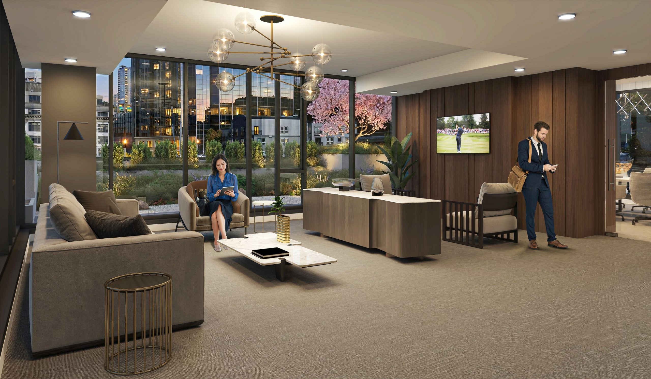 KODA Condos Seattle 7th floor library and lounge interior rendering by Bogza.com. A quiet, elegant resident workspace featuring comfortable modern armchairs, a sleek credenza, rich wood paneled walls, and expansive windows offering a view of the blooming Zen garden terrace.