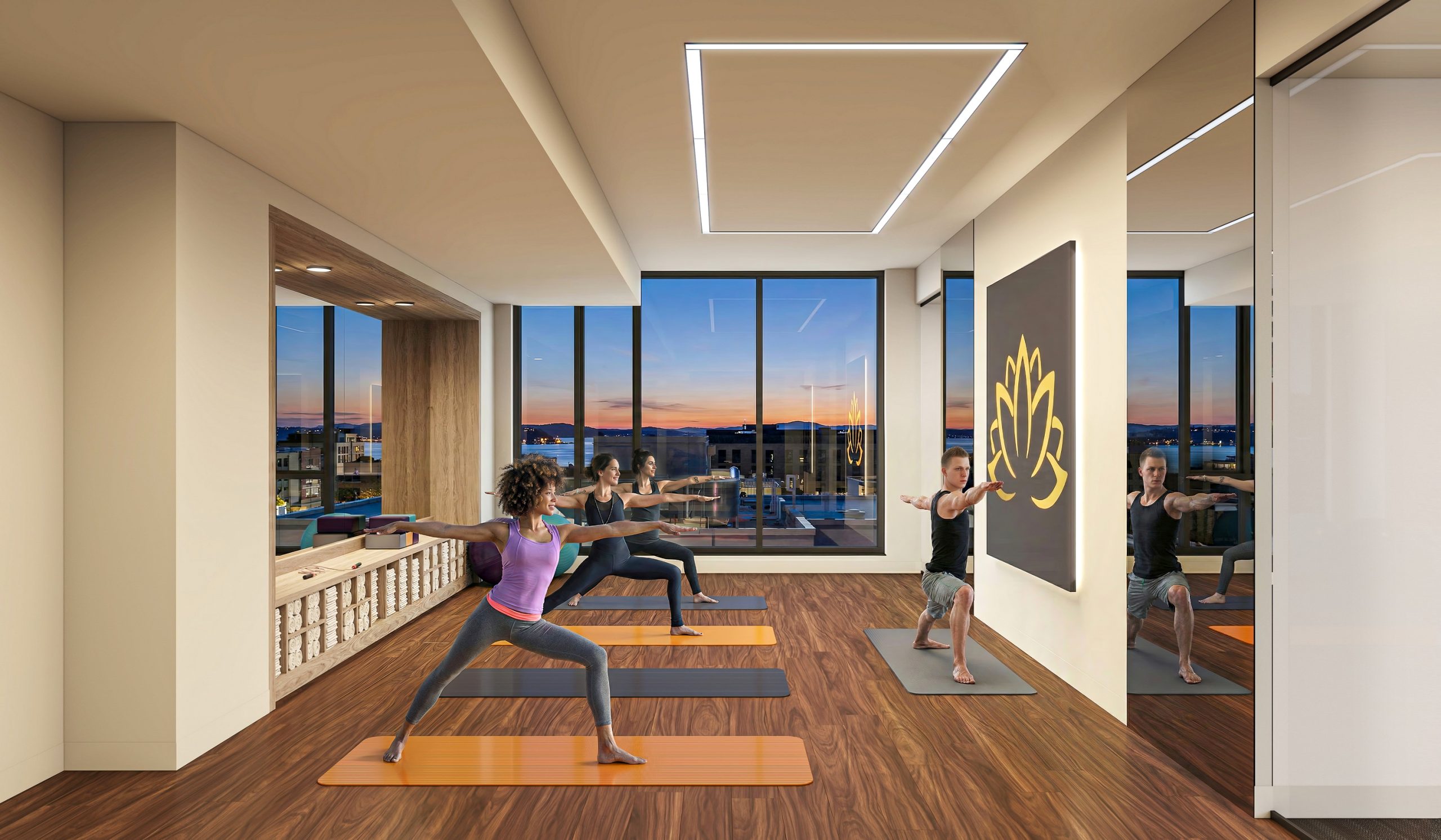 KODA Condos Seattle 7th floor yoga studio interior architectural rendering by Bogza.com. A dedicated wellness and fitness space featuring warm wood flooring, a large wall mirror, residents practicing on yoga mats, and expansive windows capturing a beautiful sunset over the city skyline.
