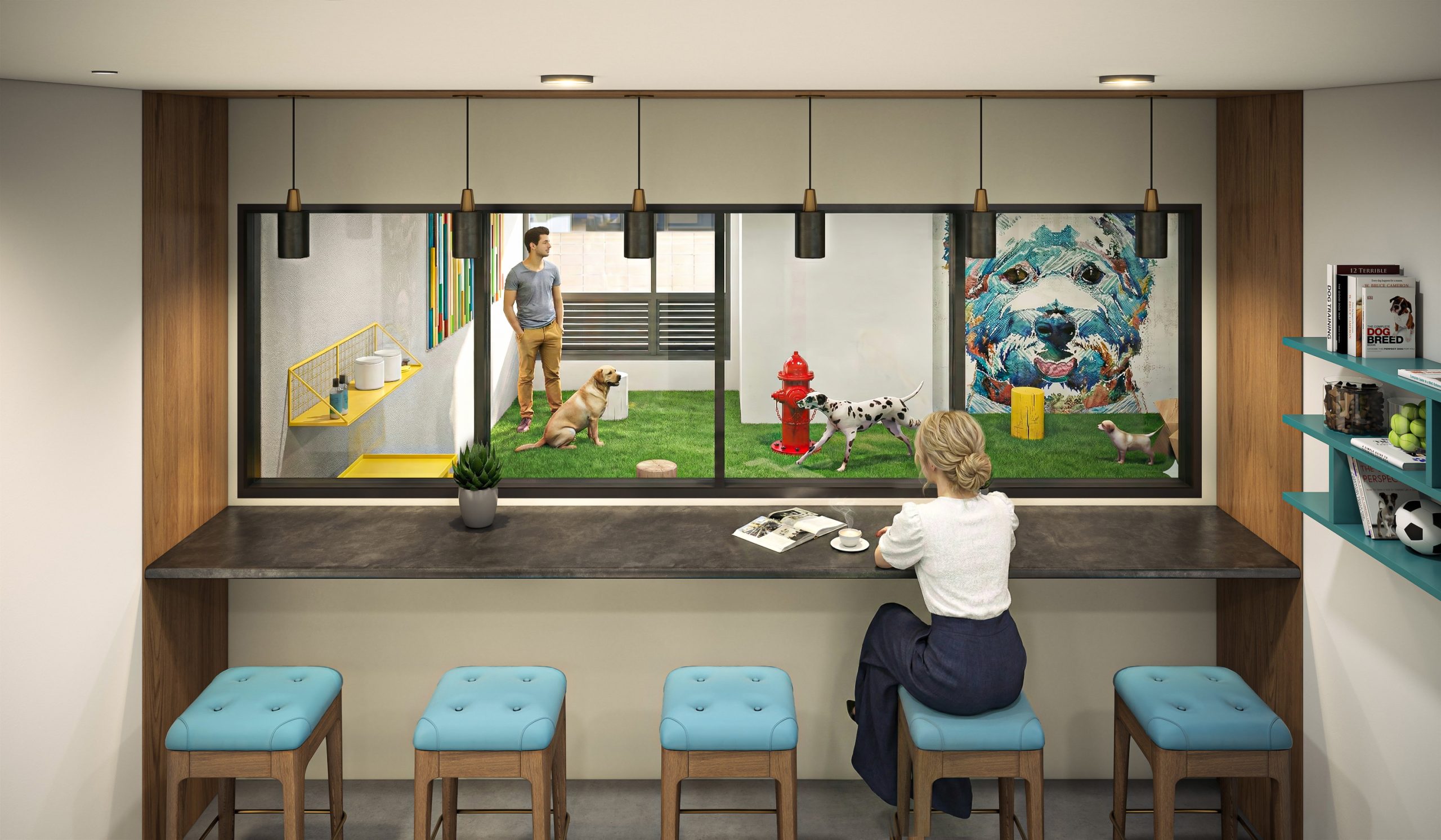 KODA Condos Seattle indoor dog lounge amenity interior rendering by Bogza.com. A modern, pet-friendly community space featuring a seating counter with teal stools for residents to relax while watching dogs play in a glass-enclosed indoor run with synthetic turf, a red fire hydrant, and a colorful mural.