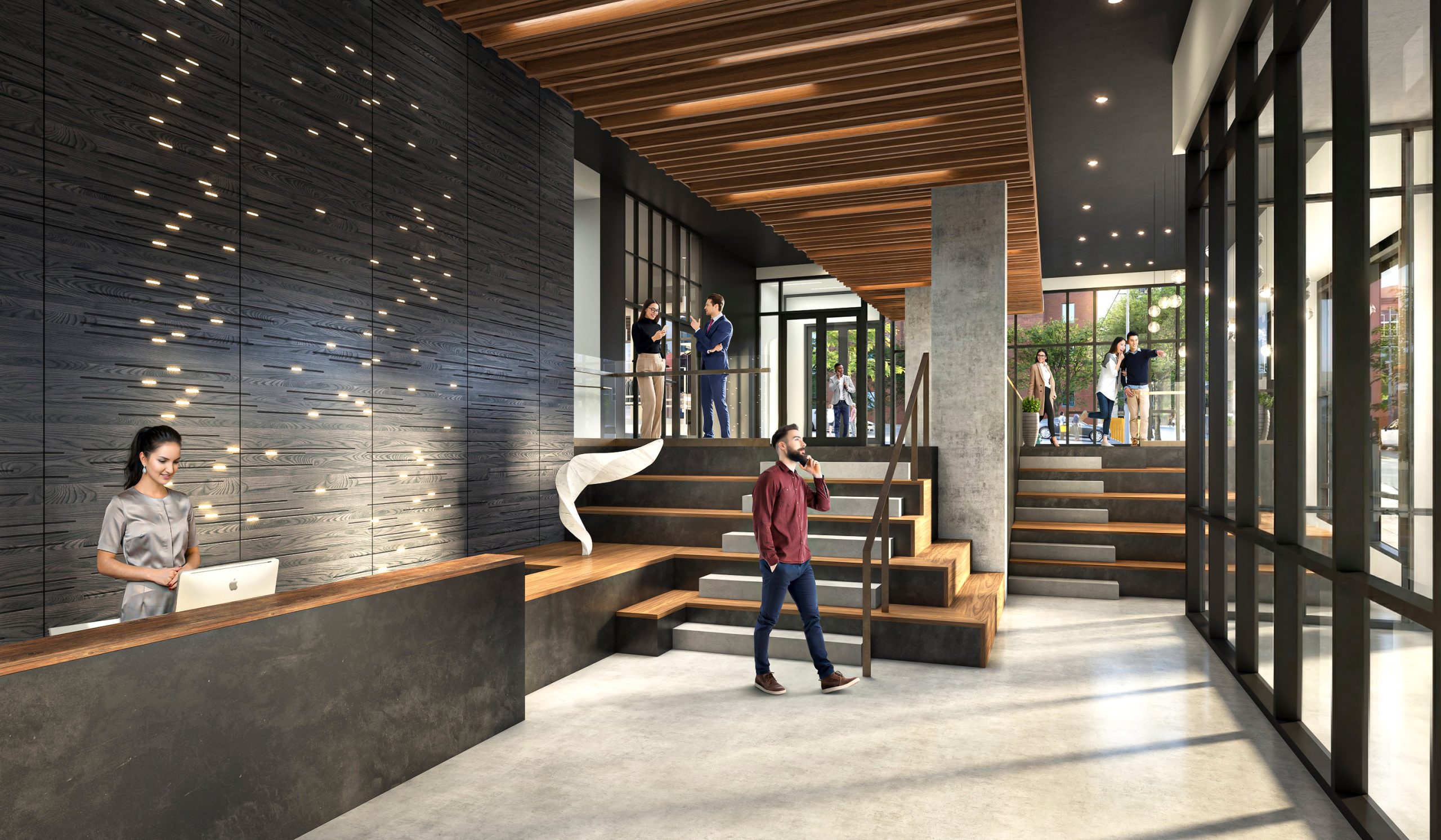 KODA Condominiums Seattle luxury lobby and coworking interior rendering by Bogza.com. A spacious, contemporary reception area featuring a sleek concrete concierge desk, a striking dark textured wall with inset lighting, a dramatic wooden stadium-seating staircase, and expansive windows.