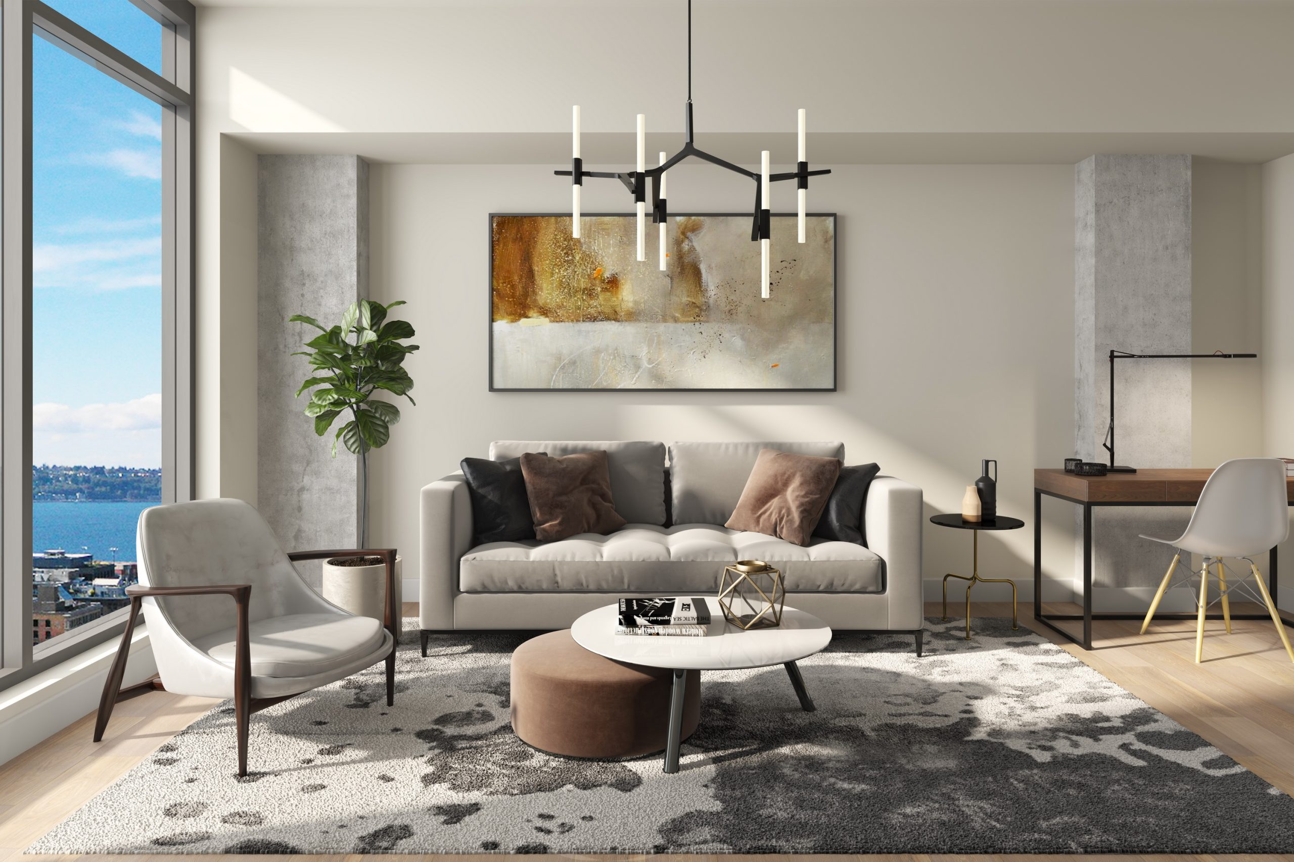 KODA Condos Seattle luxury apartment living room interior rendering by Bogza.com. A bright, sophisticated condominium residence showcasing a modern gray sofa, a striking contemporary chandelier, a built-in home office workspace, and floor-to-ceiling windows framing unobstructed views of Elliott Bay.