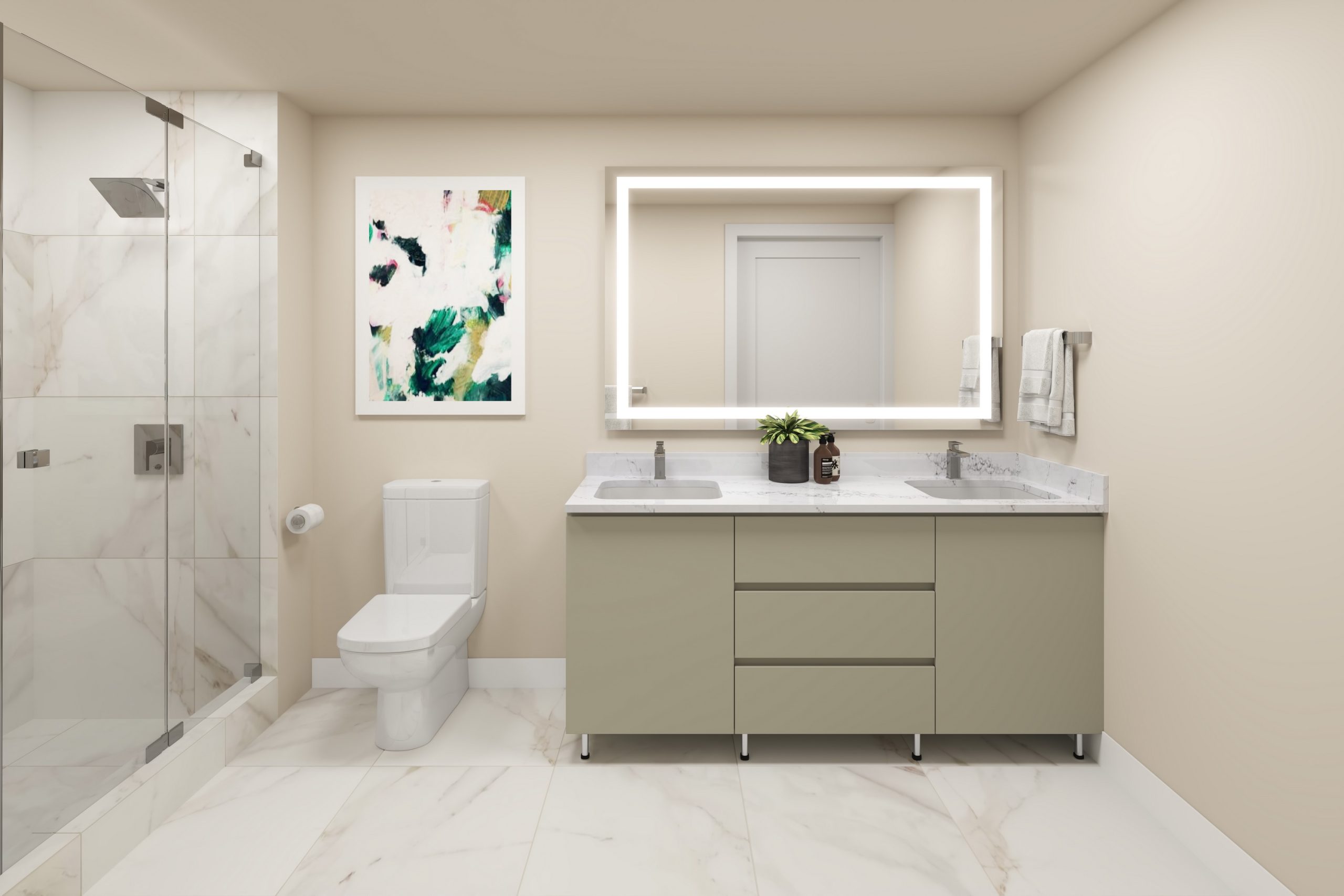 KODA Condominiums Seattle luxury bathroom interior architectural rendering by Bogza.com. A bright, European-inspired primary bathroom featuring a light color scheme, a frameless glass walk-in shower, a modern double vanity with quartz countertops, and a large illuminated mirror.