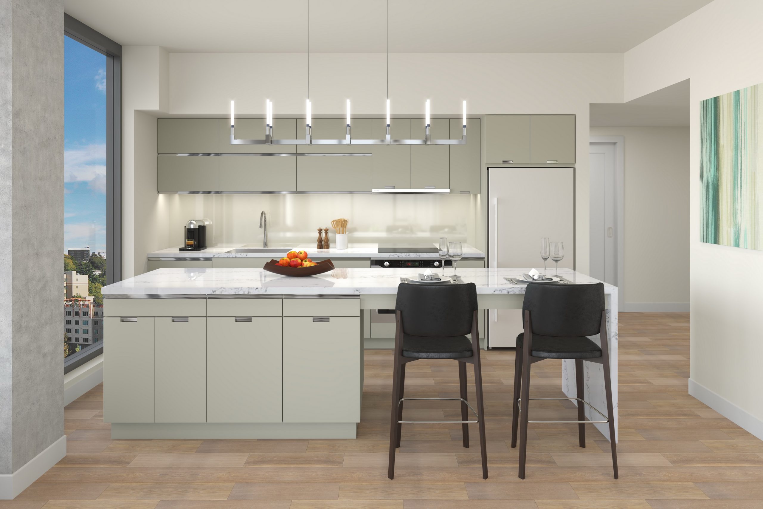 KODA Condos Seattle modern kitchen interior rendering by Bogza.com. A bright, contemporary open-concept kitchen in a luxury high-rise, featuring light flat-panel cabinetry, a large quartz island with bar seating, stainless steel appliances, and hardwood floors.