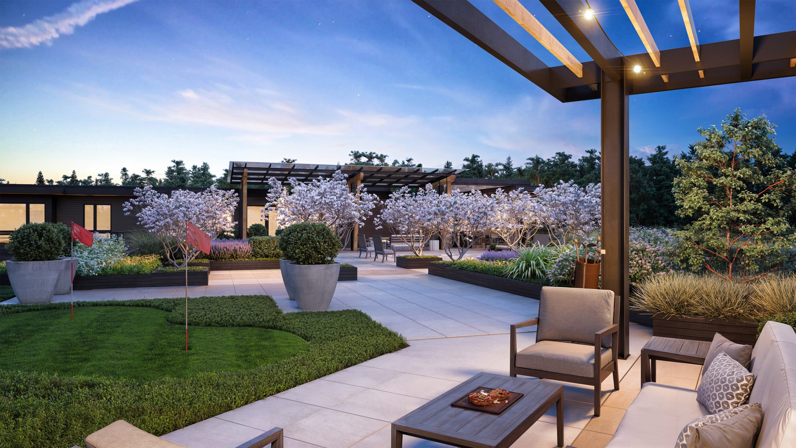 The Springs at Lake Oswego rooftop terrace amenity architectural rendering by Bogza.com. An evening view of the luxury senior living community's expansive outdoor deck, featuring a landscaped putting green, a modern wood pergola, comfortable lounge seating, and illuminated planters.
