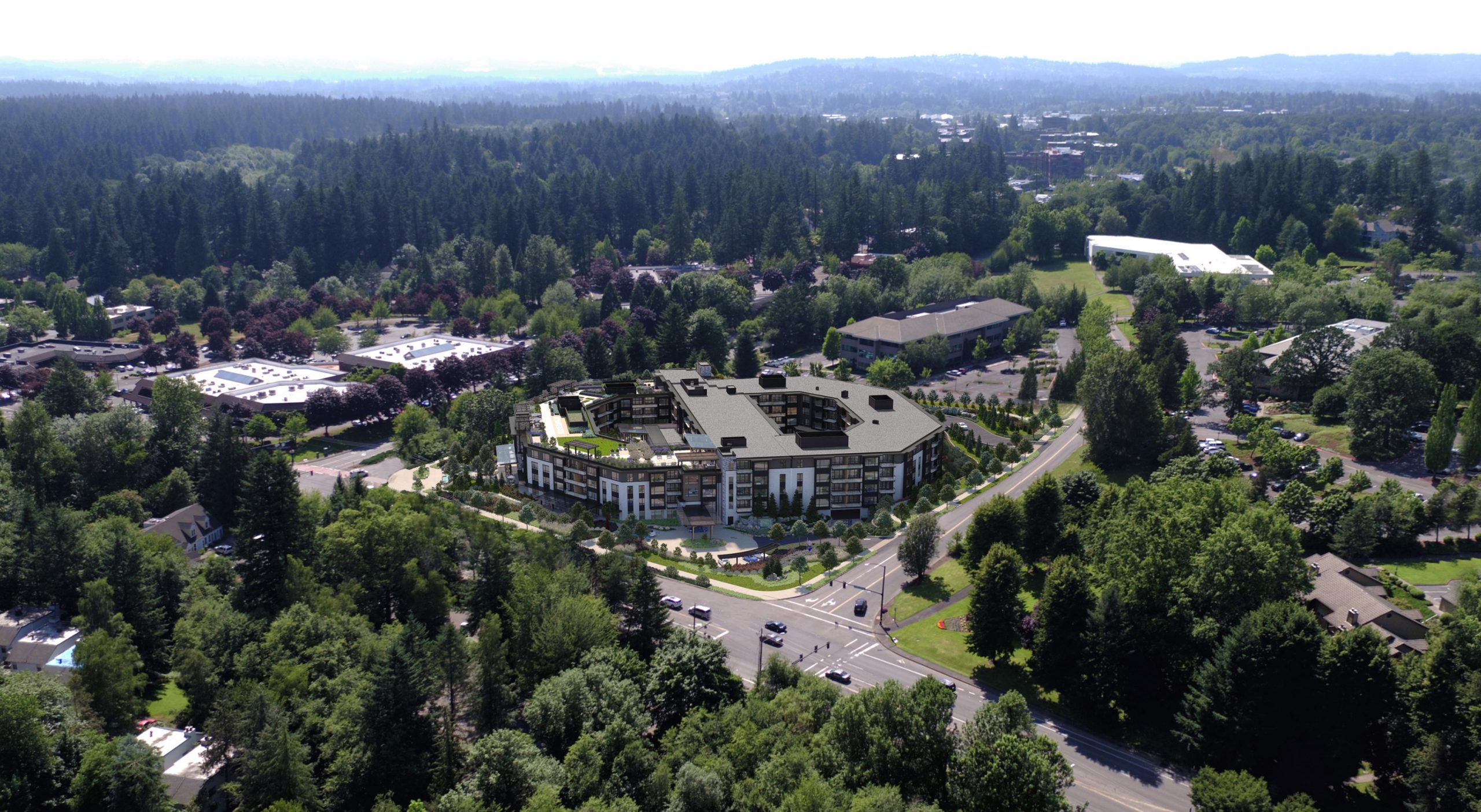 The Springs at Lake Oswego senior living community aerial architectural rendering by Bogza.com. A daytime drone view of the 5-story luxury independent and assisted living campus nestled among lush trees in Lake Oswego, Oregon, highlighting its unique interconnected ring design and expansive rooftop terraces.