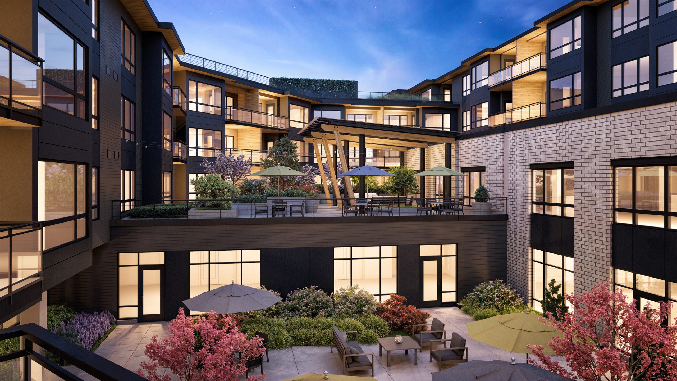 The Springs at Lake Oswego interior courtyard architectural rendering by Bogza.com. A twilight view of the luxury senior living community's multi-level private outdoor space, featuring a sunken patio with lush gardens, seating areas with umbrellas, and a raised viewing deck with a pergola.