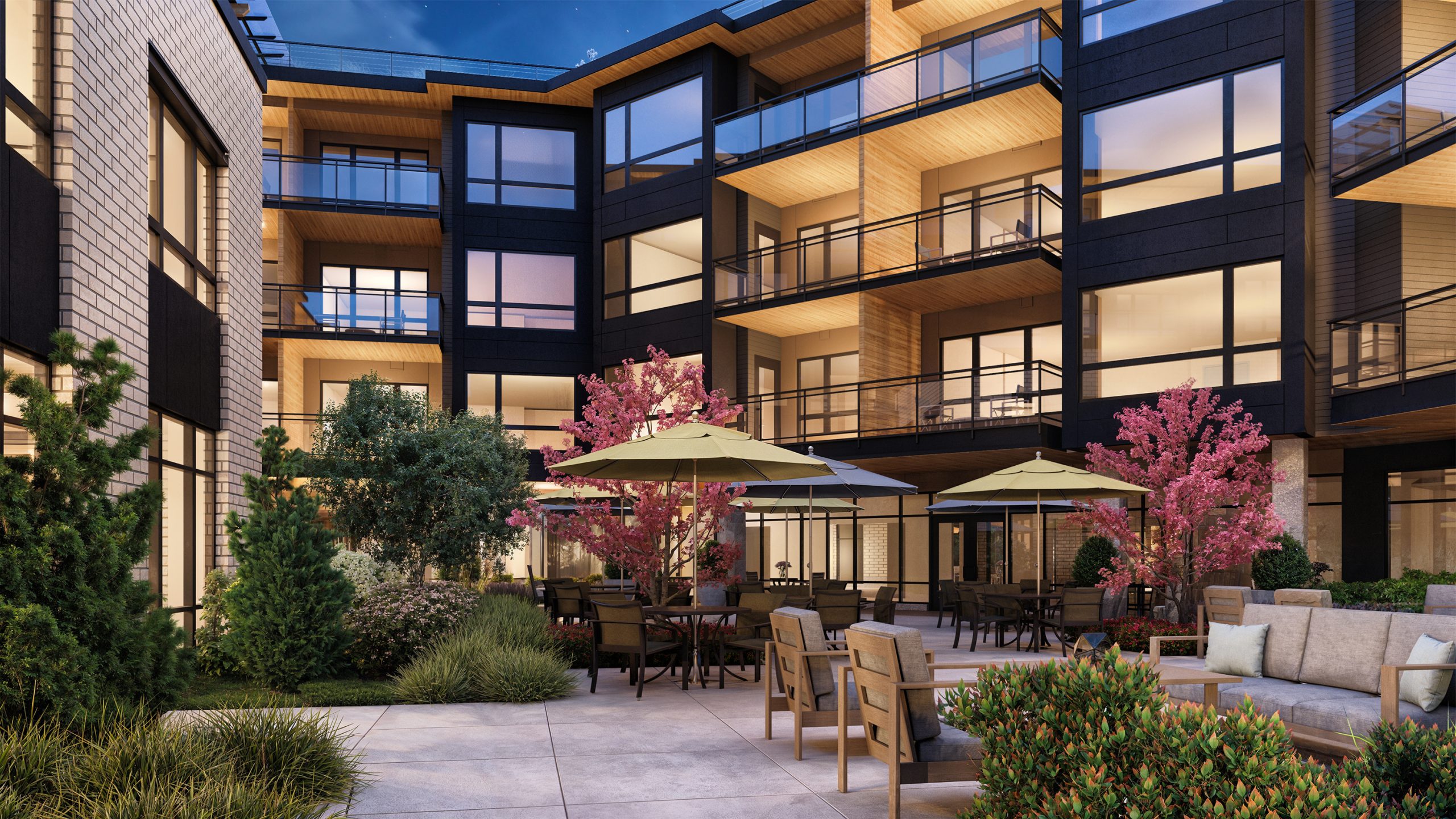 The Springs at Lake Oswego interior courtyard architectural rendering by Bogza.com. A daytime view of the luxury senior living community's private landscaped patio, featuring flowering pink trees, outdoor dining tables with yellow and grey umbrellas, lush greenery, and the surrounding 5-story modern building facade.