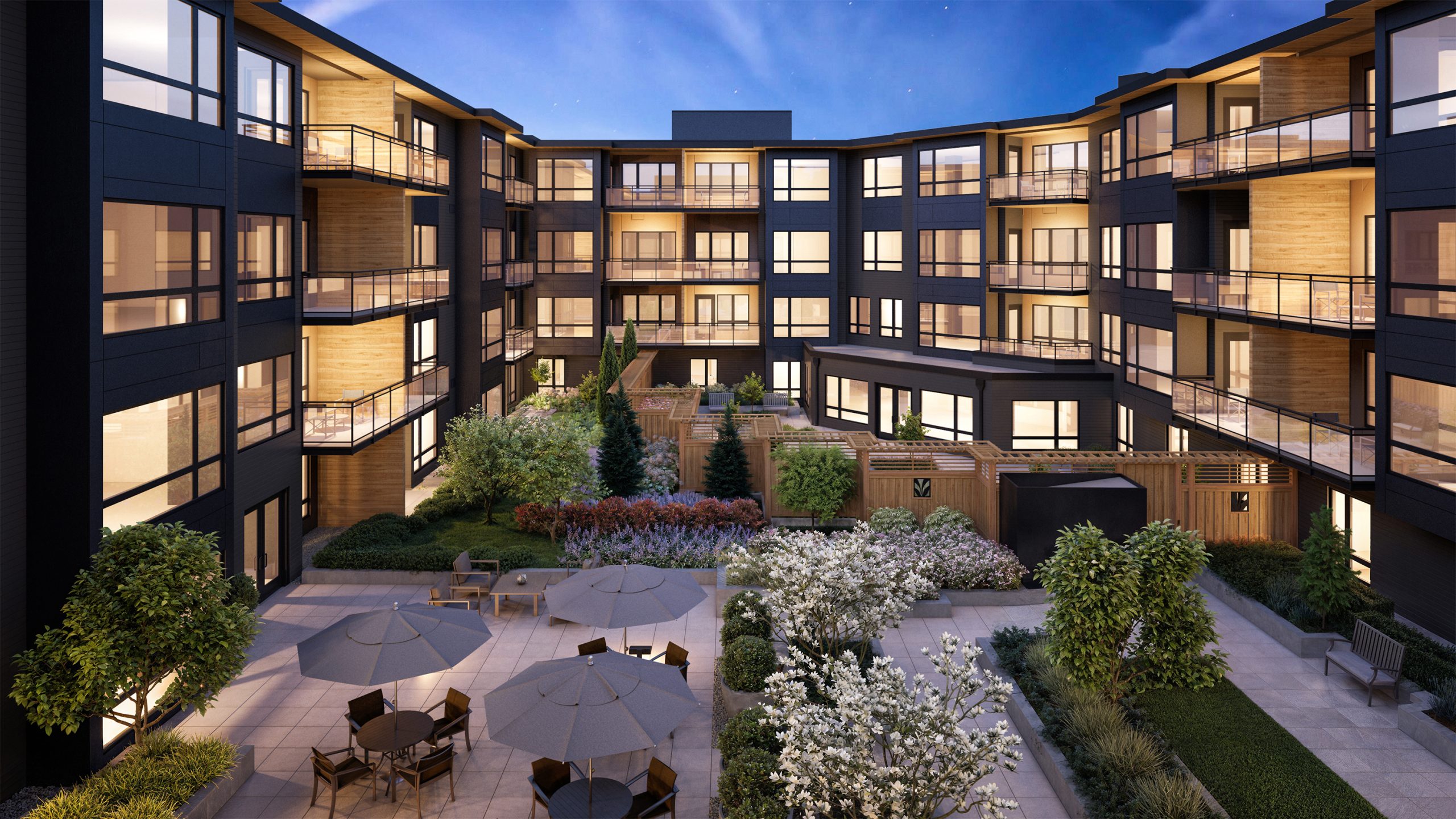 The Springs at Lake Oswego landscaped courtyard architectural rendering by Bogza.com. A twilight view looking into the luxury senior living community's secure internal courtyard, showcasing illuminated apartments, warm wood balcony soffits, glowing outdoor dining spaces with umbrellas, and manicured terraced gardens.