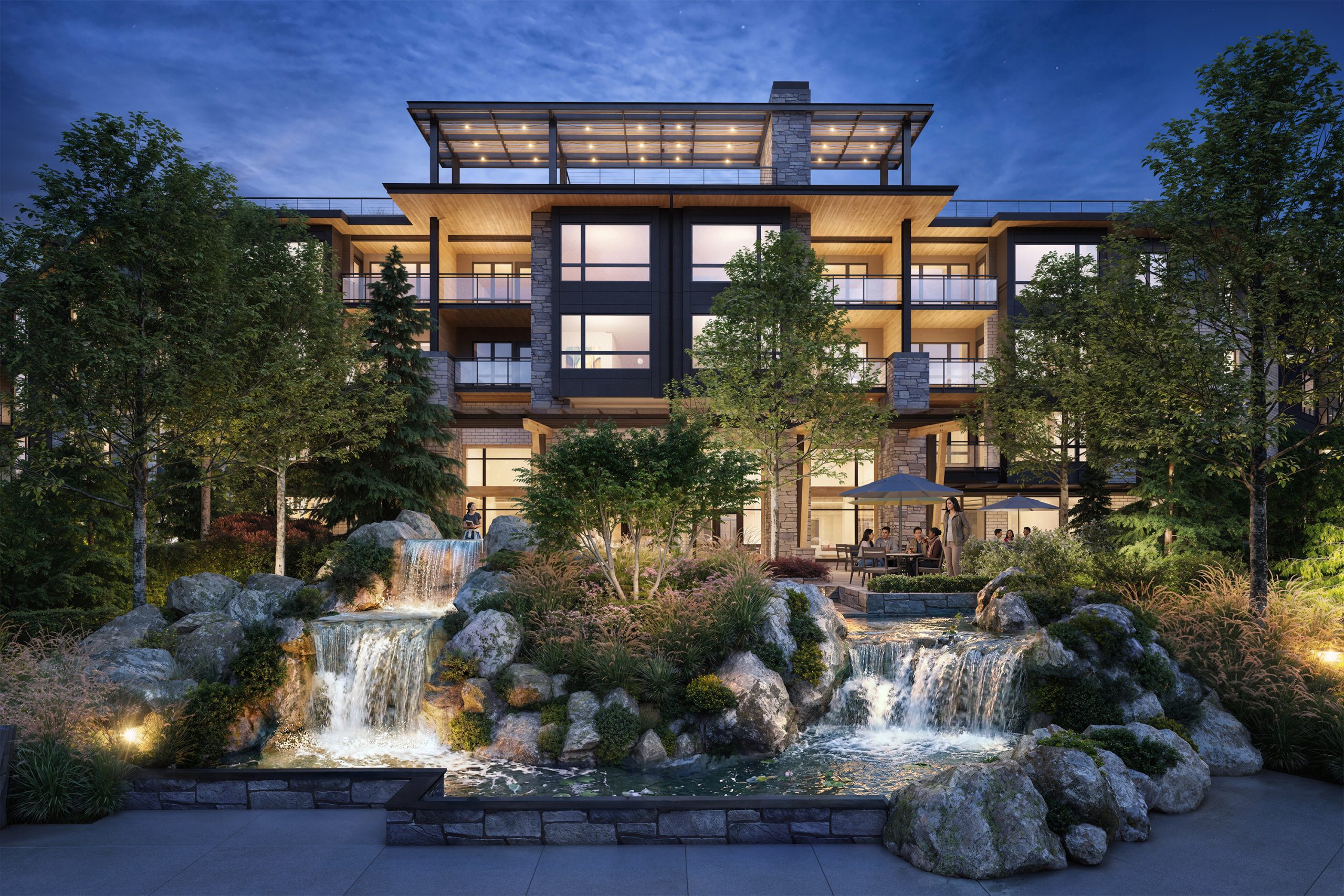 The Springs at Lake Oswego landscaped waterfall patio architectural rendering by Bogza.com. A dusk view of the luxury senior living community's public plaza, featuring a beautiful cascading rock waterfall, native landscaping, an outdoor seating terrace, and the modern building facade.