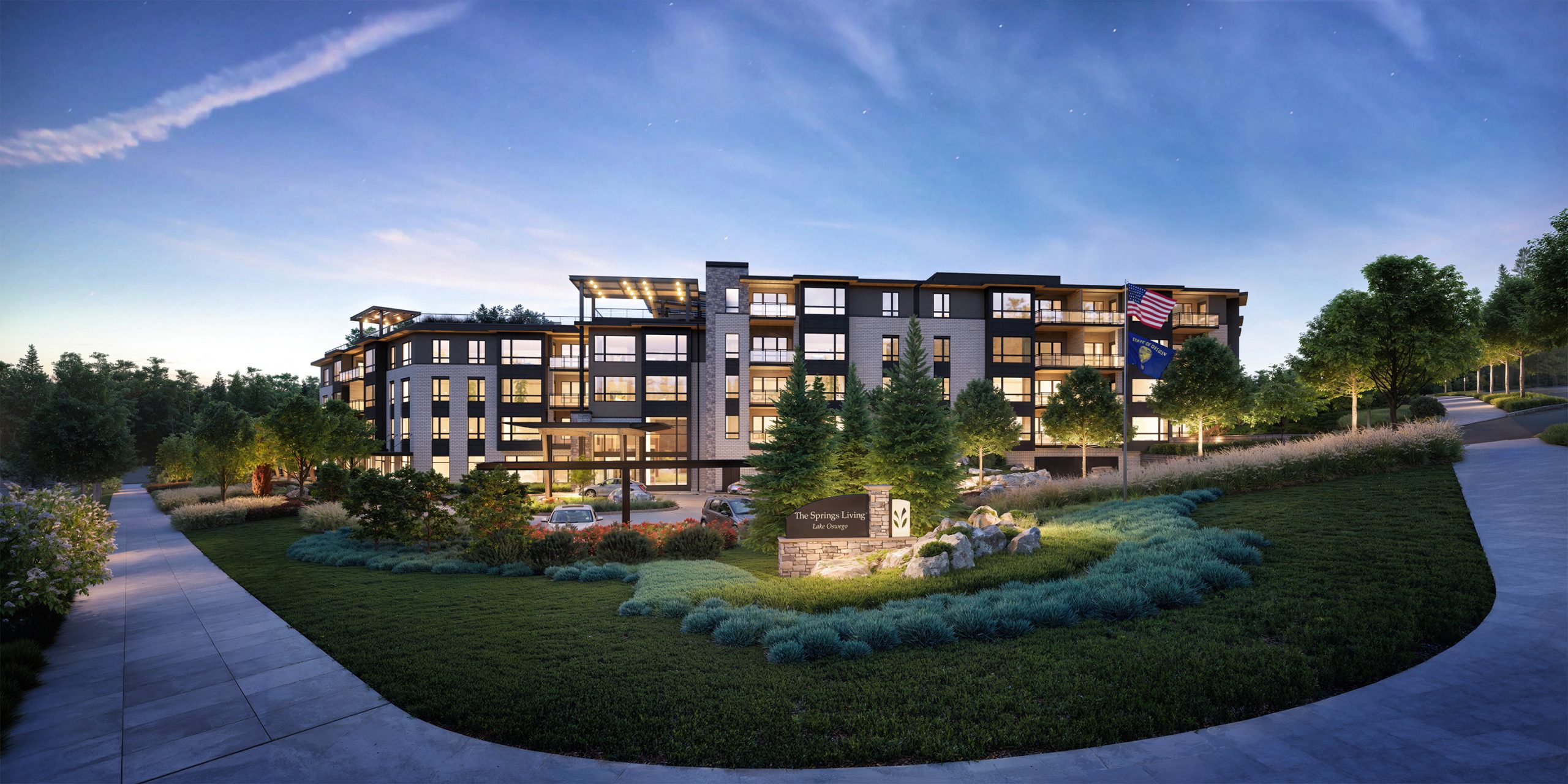 The Springs at Lake Oswego exterior architectural rendering by Bogza.com. A twilight street-level view of the luxury retirement community featuring the prominent monument sign, manicured landscaping, a modern 5-story facade, and the main entrance driveway.