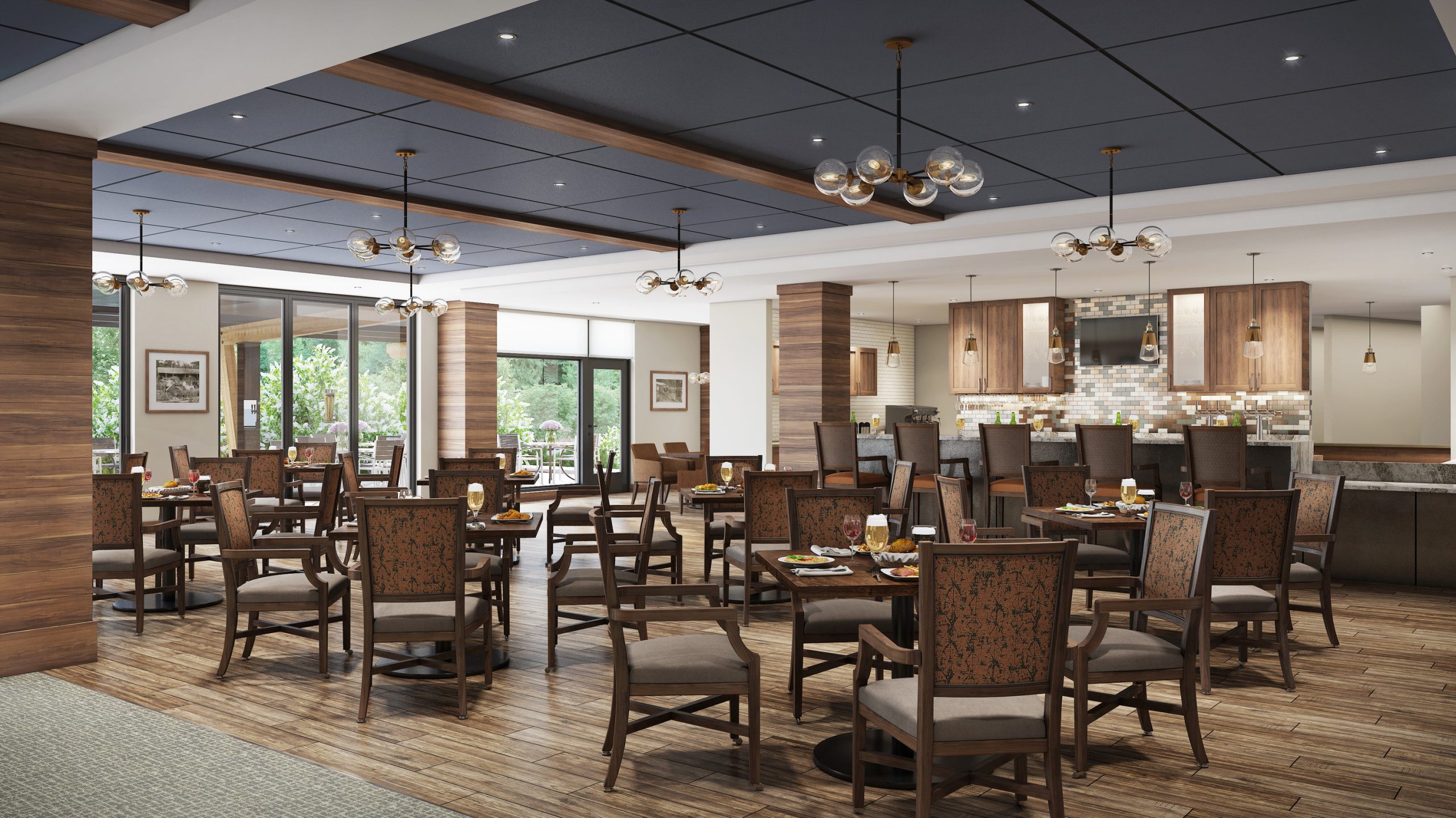 The Springs at Lake Oswego cafe and bistro interior rendering by Bogza.com. A warm, inviting casual dining space featuring elegant wood flooring, modern globe chandeliers, comfortable wooden chairs, and an espresso bar with large windows opening to an outdoor patio.