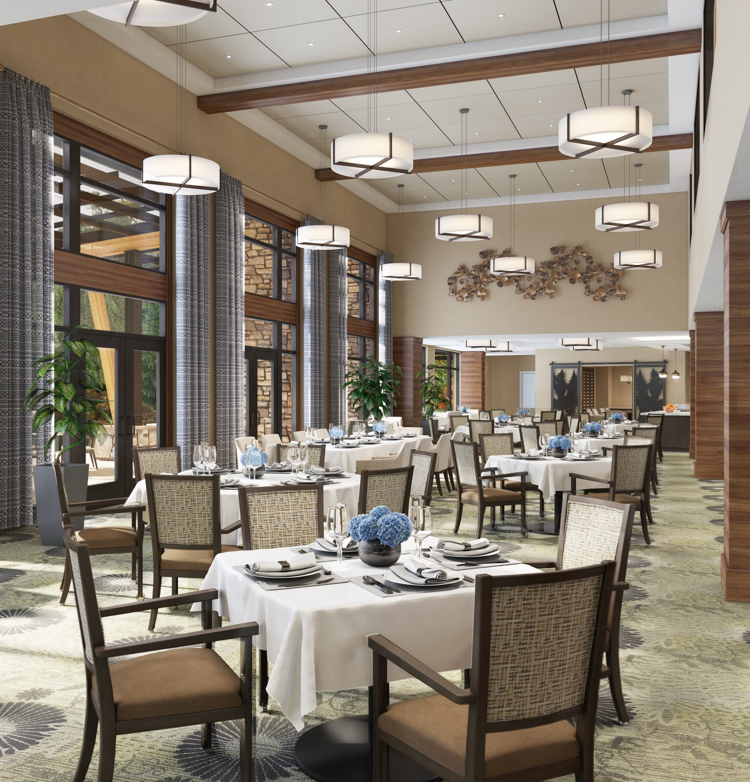 The Springs at Lake Oswego formal dining room interior architectural rendering by Bogza.com. The elegant Pacific Ridge dining space featuring tables set with white linens, modern circular lighting, high ceilings with wood beams, and tall windows providing abundant natural light and outdoor courtyard views.