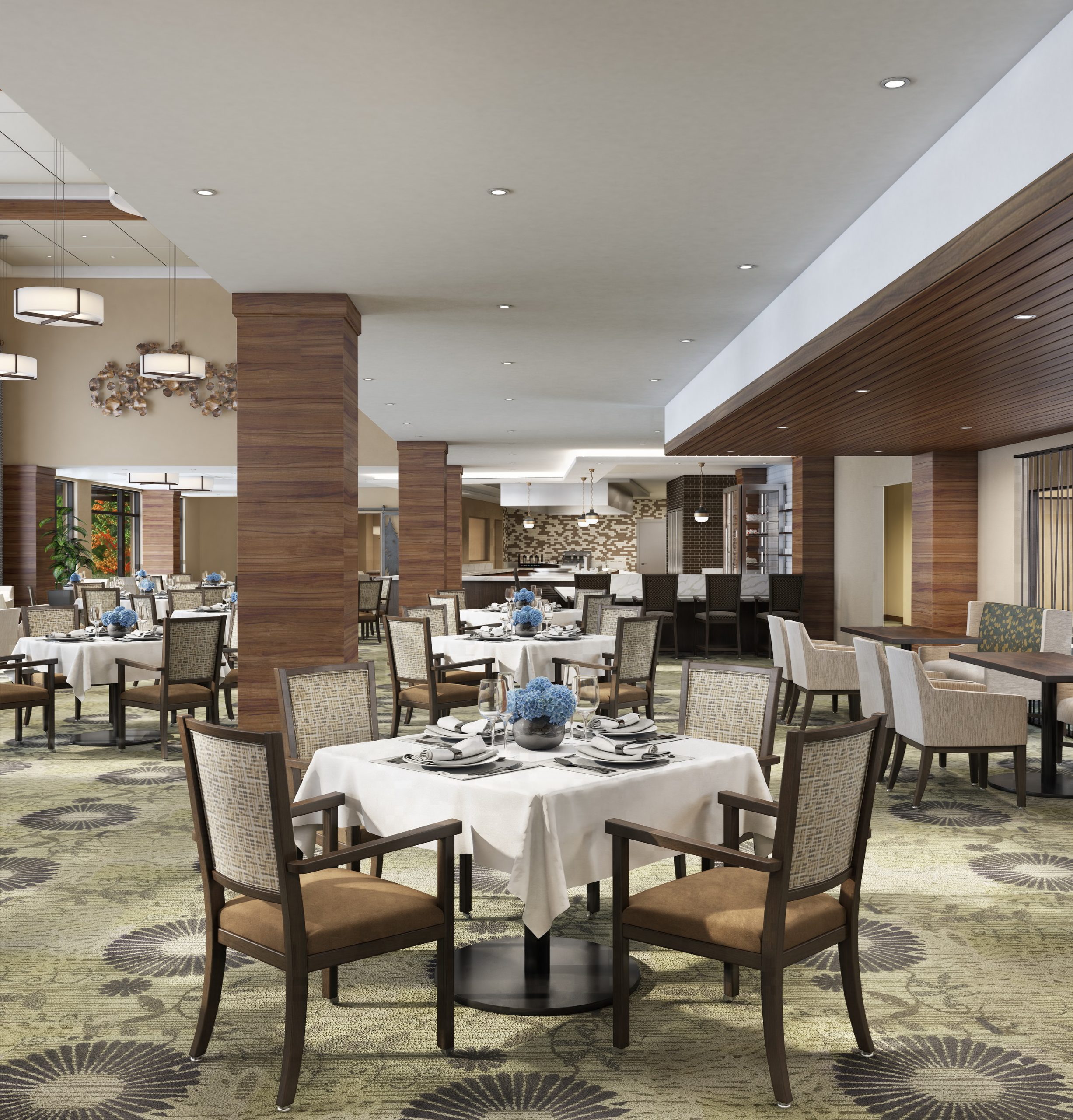 The Springs at Lake Oswego restaurant and dining interior rendering by Bogza.com. A wide view of the luxury senior living community's formal dining room, highlighting elegant table settings, walnut-wrapped columns, and an open concept display kitchen in the background.