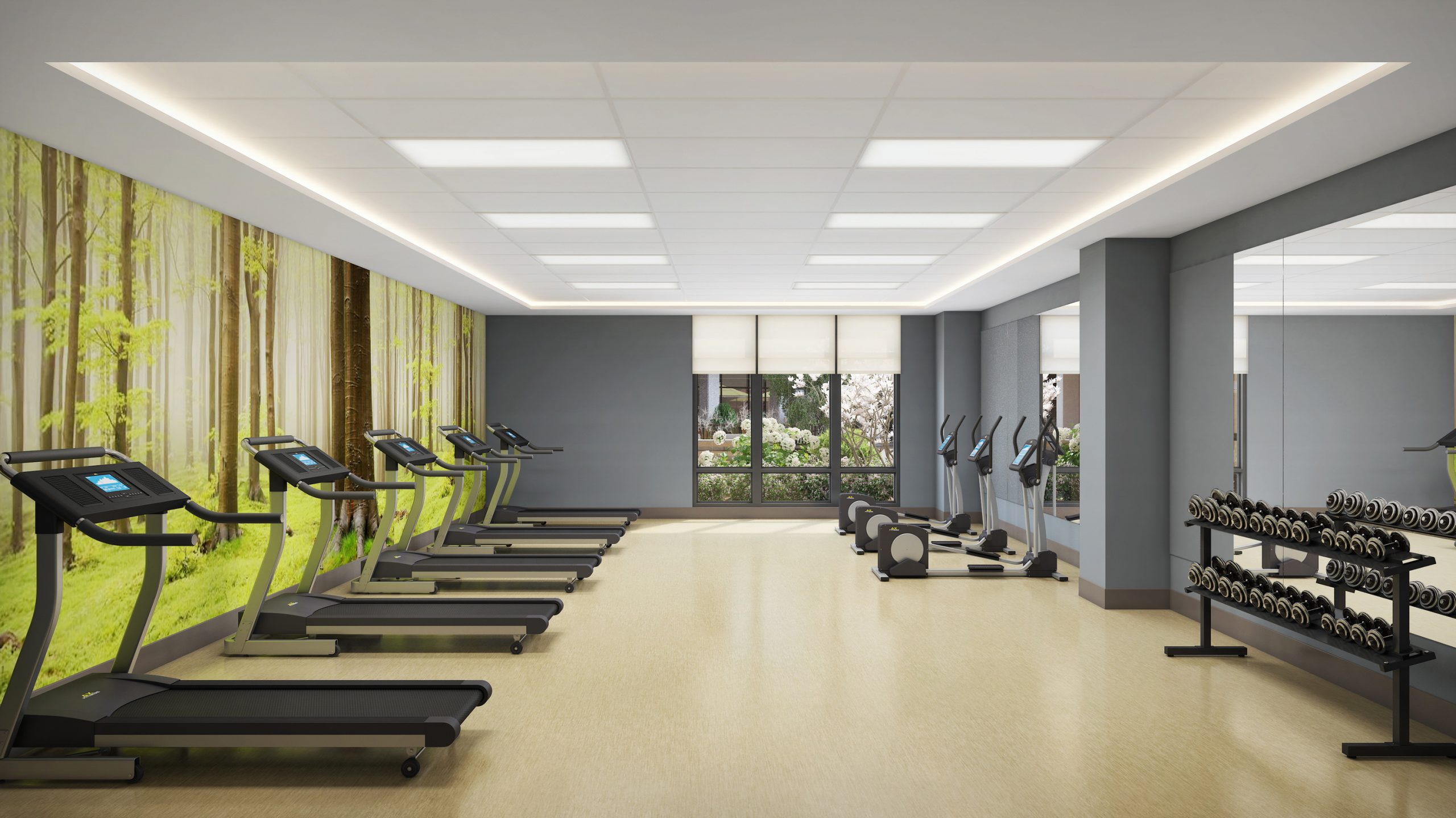 The Springs at Lake Oswego fitness center interior rendering by Bogza.com. A modern, fully-equipped gym amenity for senior residents, featuring state-of-the-art cardio treadmills and ellipticals, a free-weight rack, large mirrors, and a striking floor-to-ceiling forest nature mural.