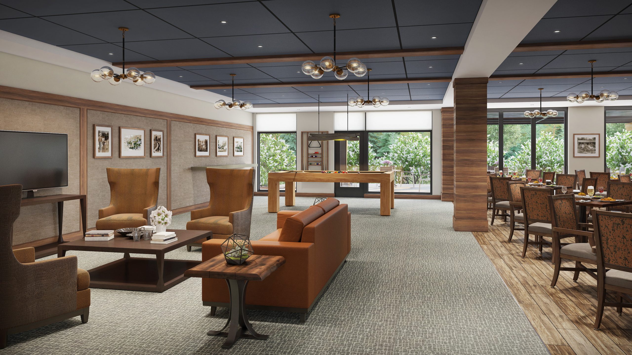 The Springs at Lake Oswego Fancho's Public House and billiards room interior rendering by Bogza.com. A comfortable, casual pub and game room amenity space featuring a modern pool table, leather lounge seating, a flat-screen TV, warm wood paneling, and adjacent bistro dining.