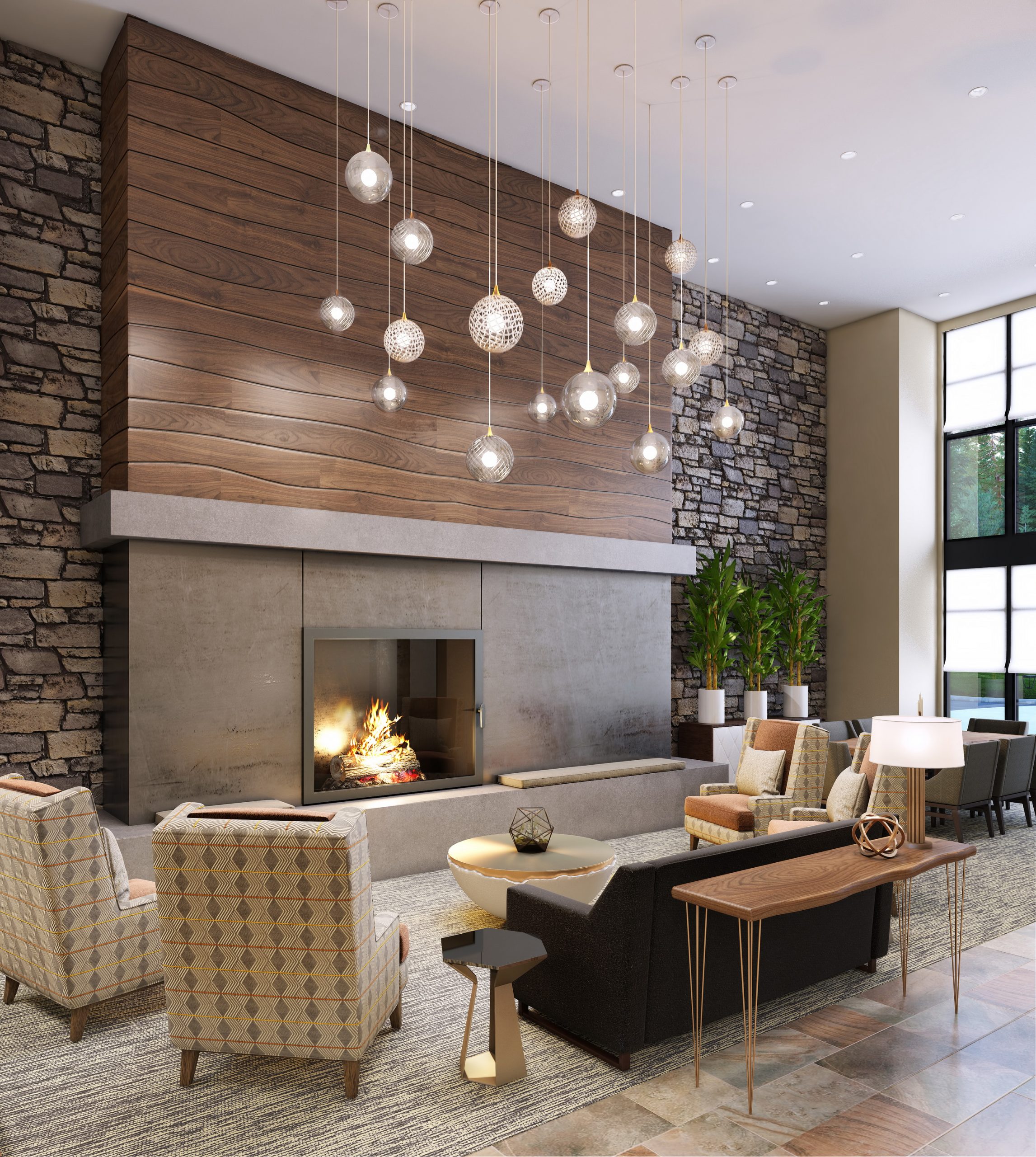 The Springs at Lake Oswego luxury lobby fireside lounge interior rendering by Bogza.com. An elegant reception seating area showcasing a massive modern fireplace clad in concrete and natural stone, horizontal warm walnut wood paneling, and a stunning installation of hanging glass globe lights.